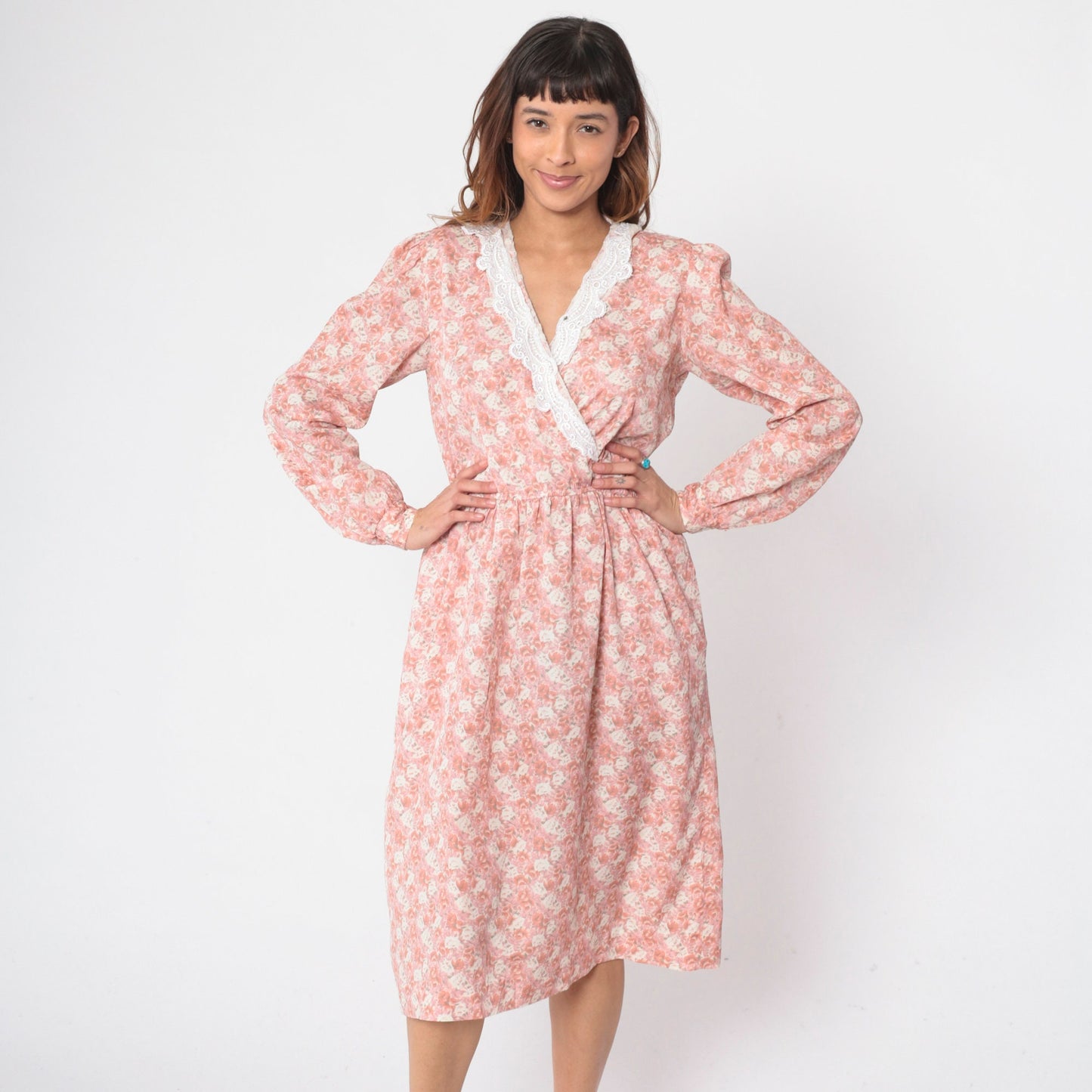 80s Floral Wrap Dress Pink V-Neck Midi Puff Sleeve High Waisted Small Medium