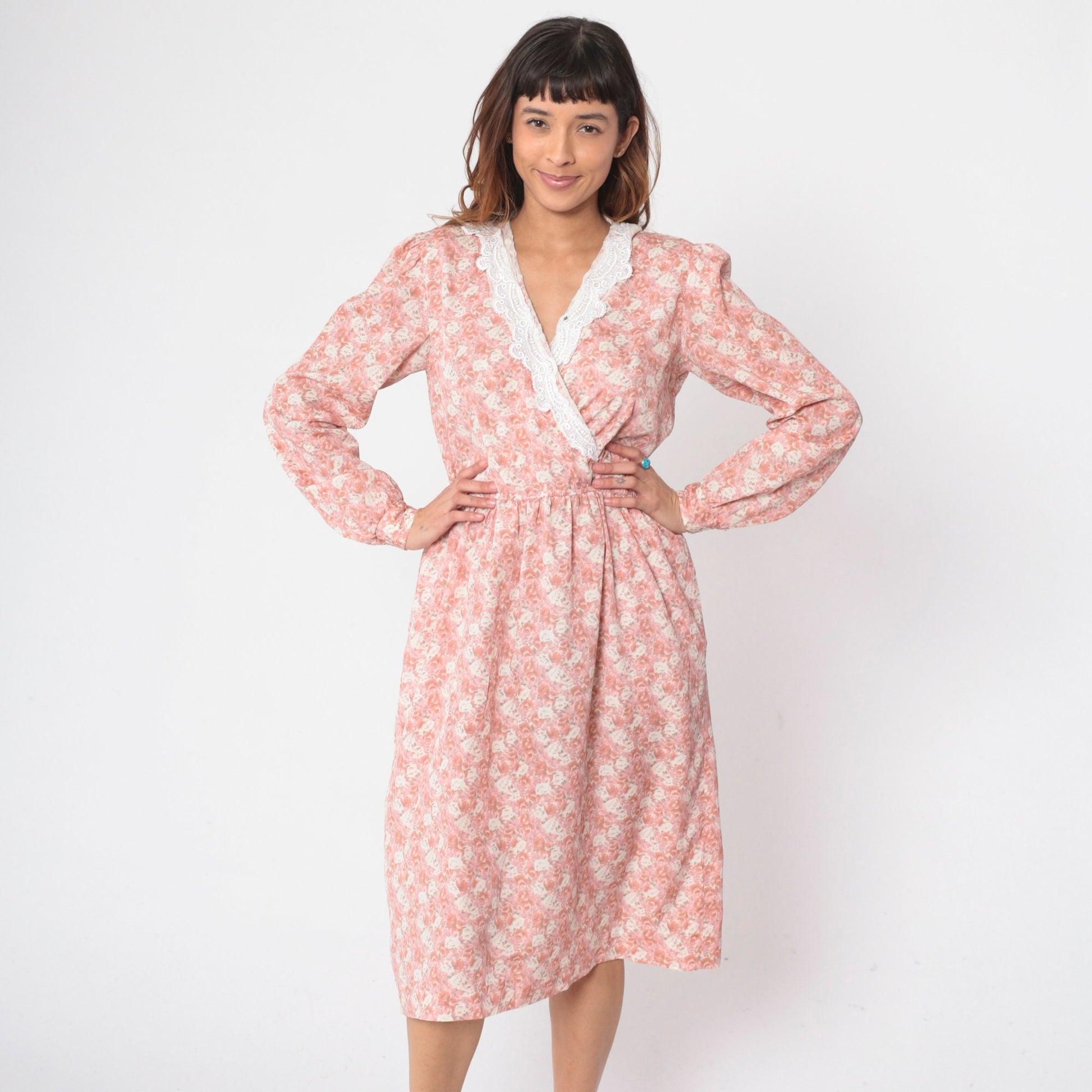 80s Floral Wrap Dress Pink V-Neck Midi Puff Sleeve High Waisted Small Medium