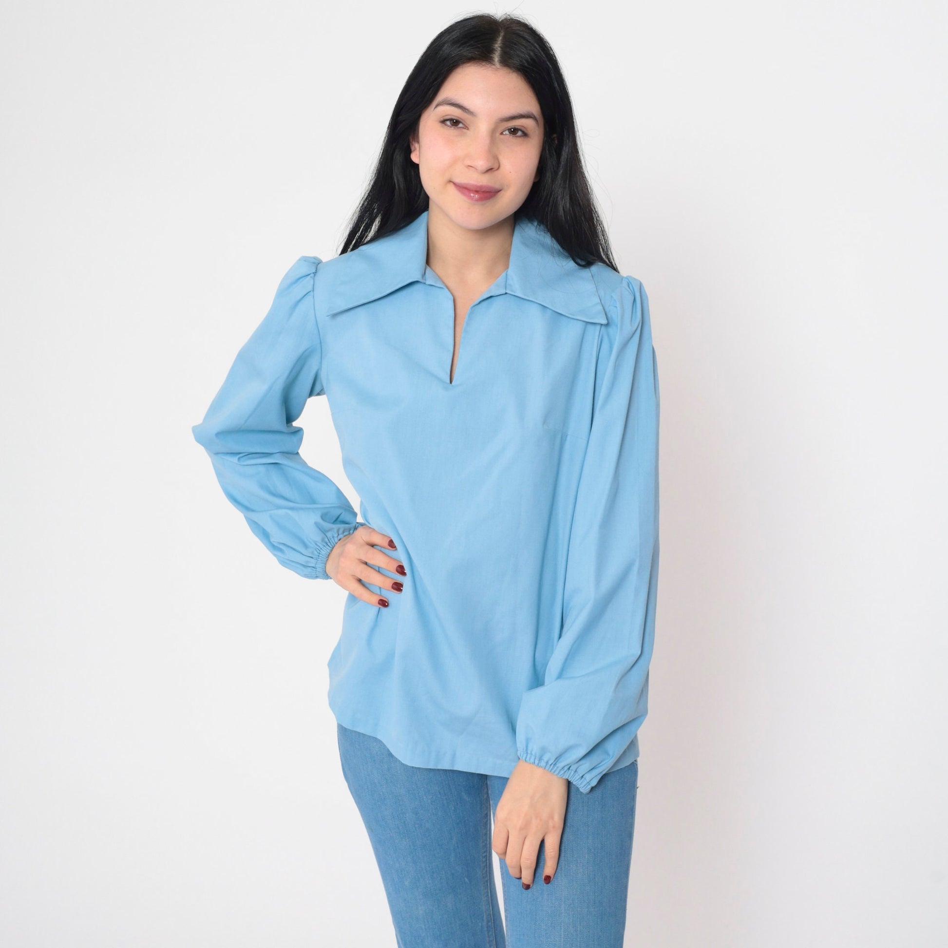 70s Baby Blue Blouse Puff Sleeve Collared V-Neck Long Sleeve Medium M