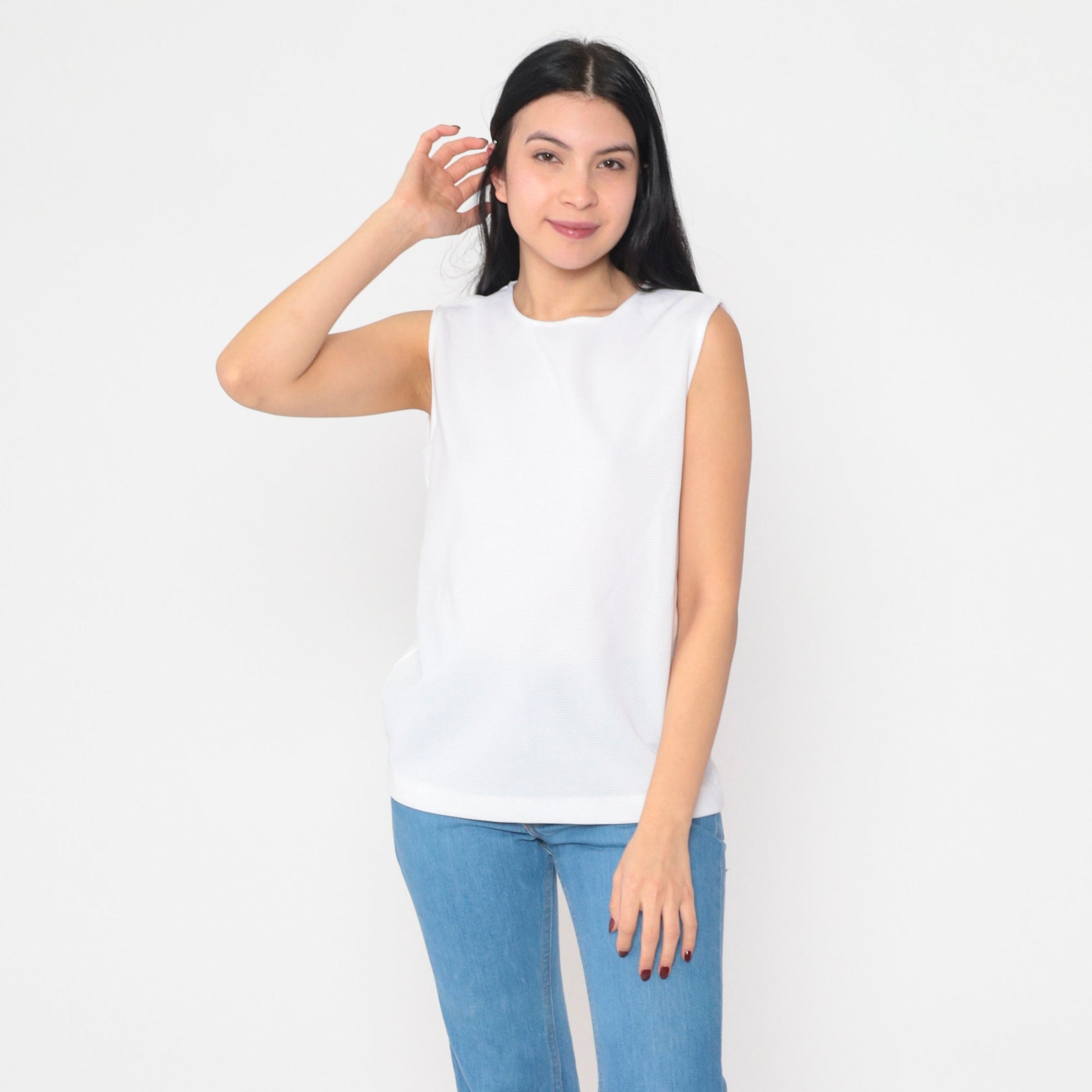 70s White Ribbed Tank Top Semi-Sheer Round Neckline Small Medium