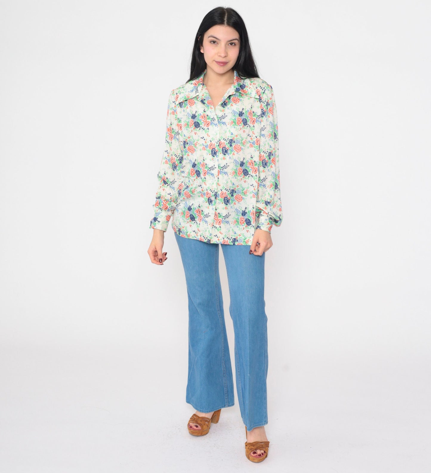 70s Floral Button-Up Blouse Off-White Collared Long Sleeve Medium