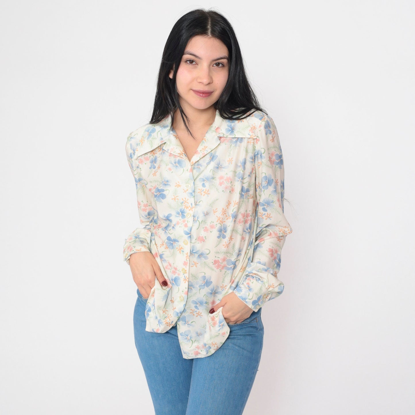 70s Floral Print Blouse White Puff Sleeve Button-Up Collared Shirt Medium