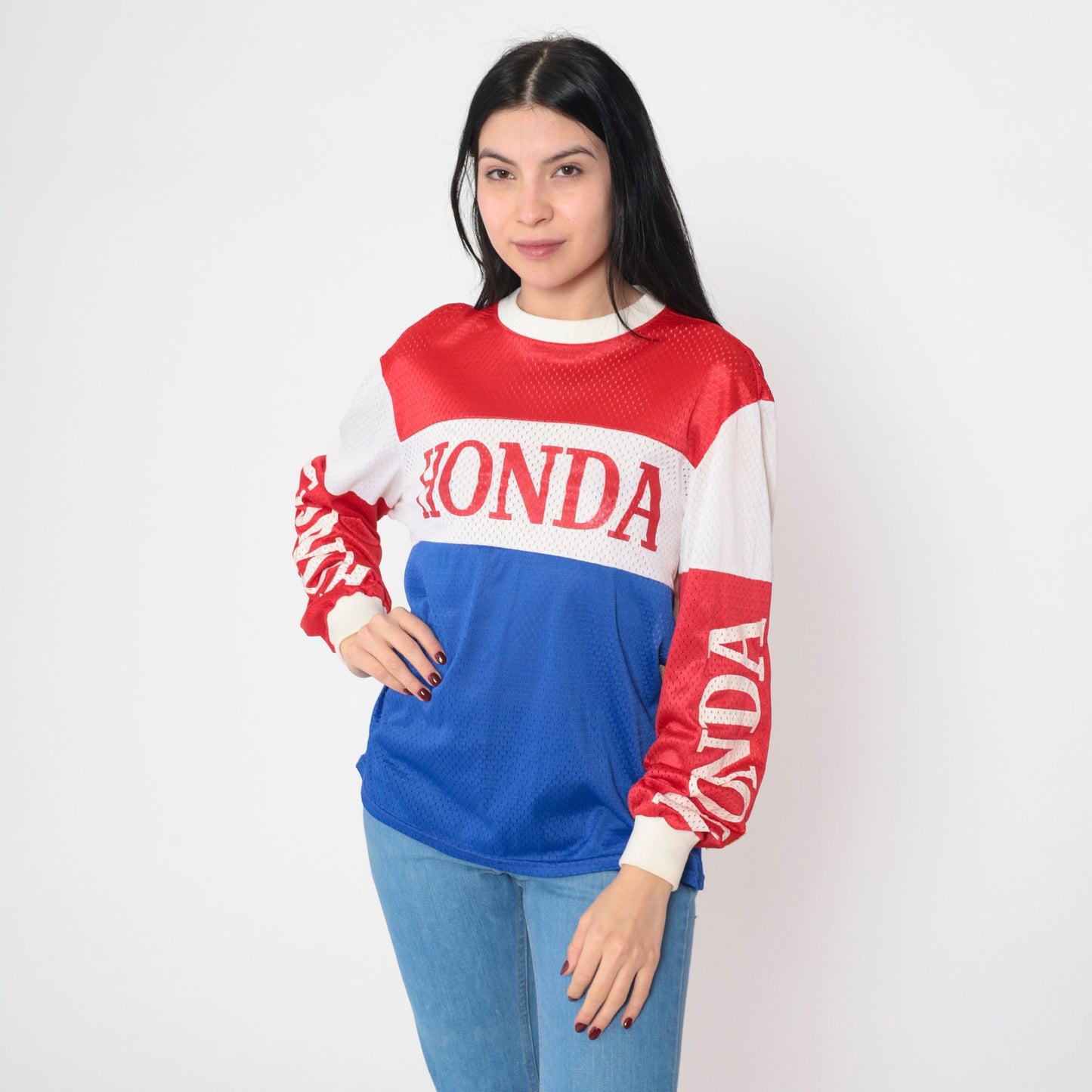 80s Honda Racing Mesh Jersey Red White Blue Viking Patch Small