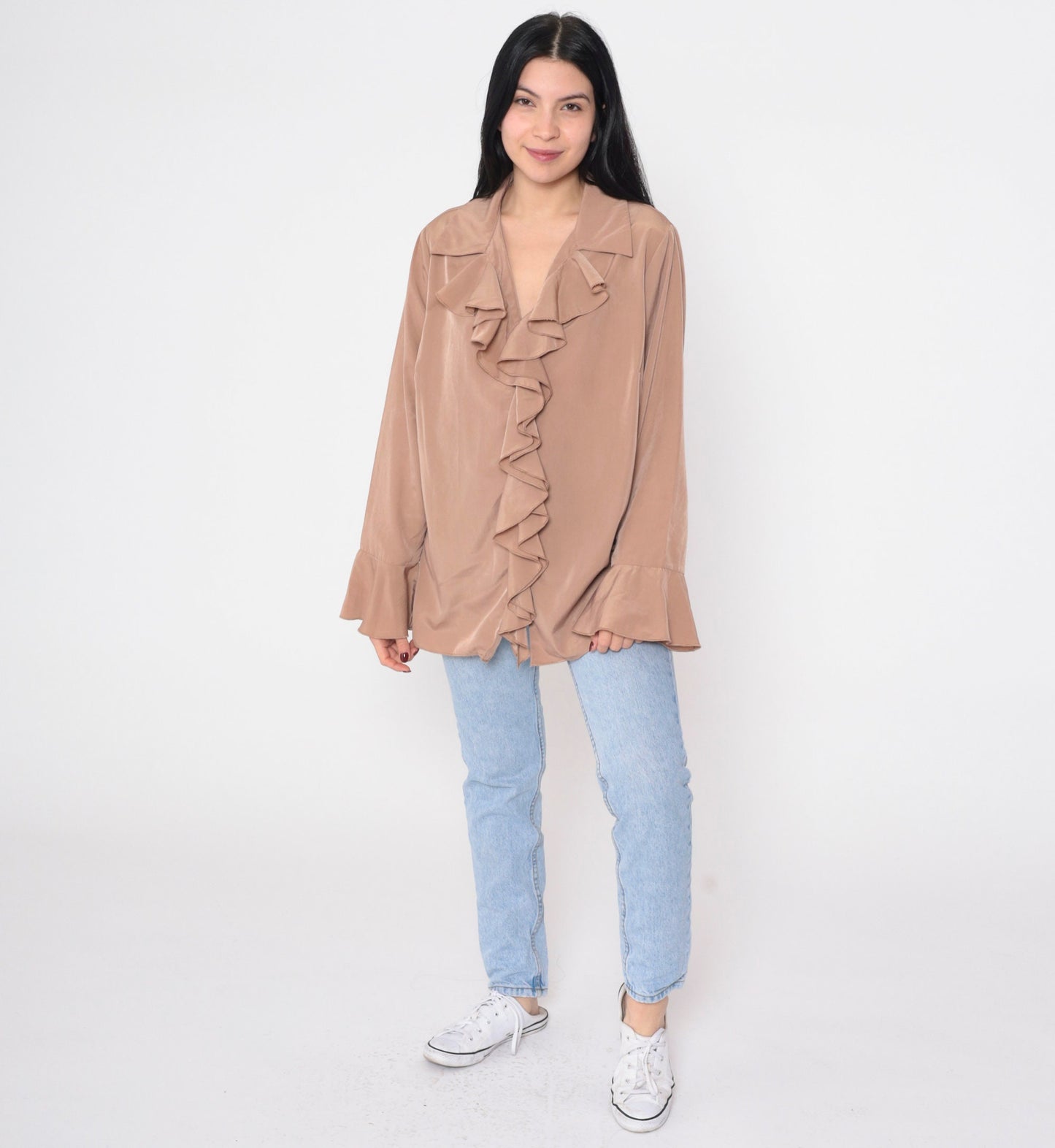 90s Cocoa Brown Ruffled V-Neck Blouse Long Bell Sleeve Vintage Poet Top Large L