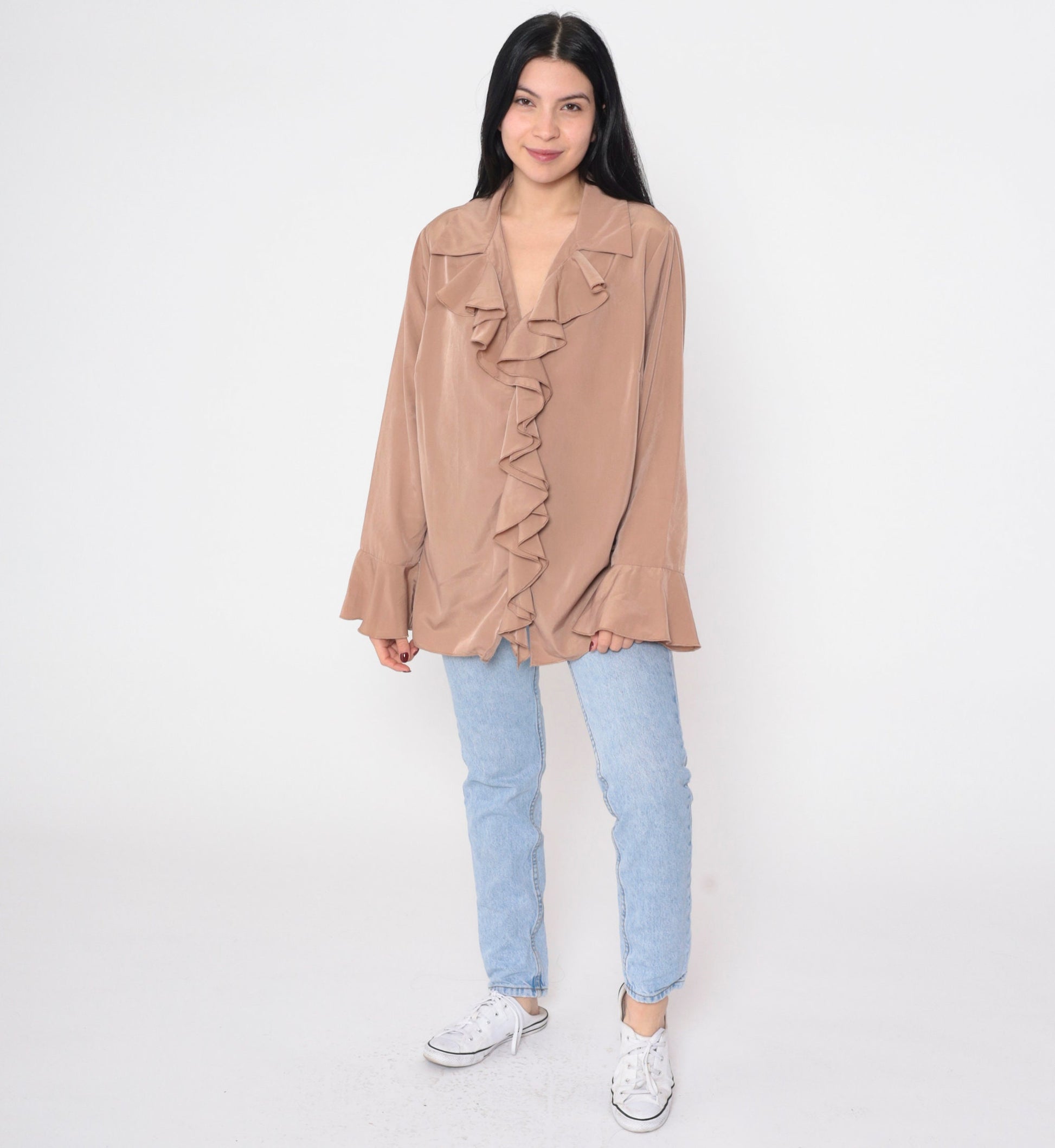 90s Cocoa Brown Ruffled V-Neck Blouse Long Bell Sleeve Vintage Poet Top Large L