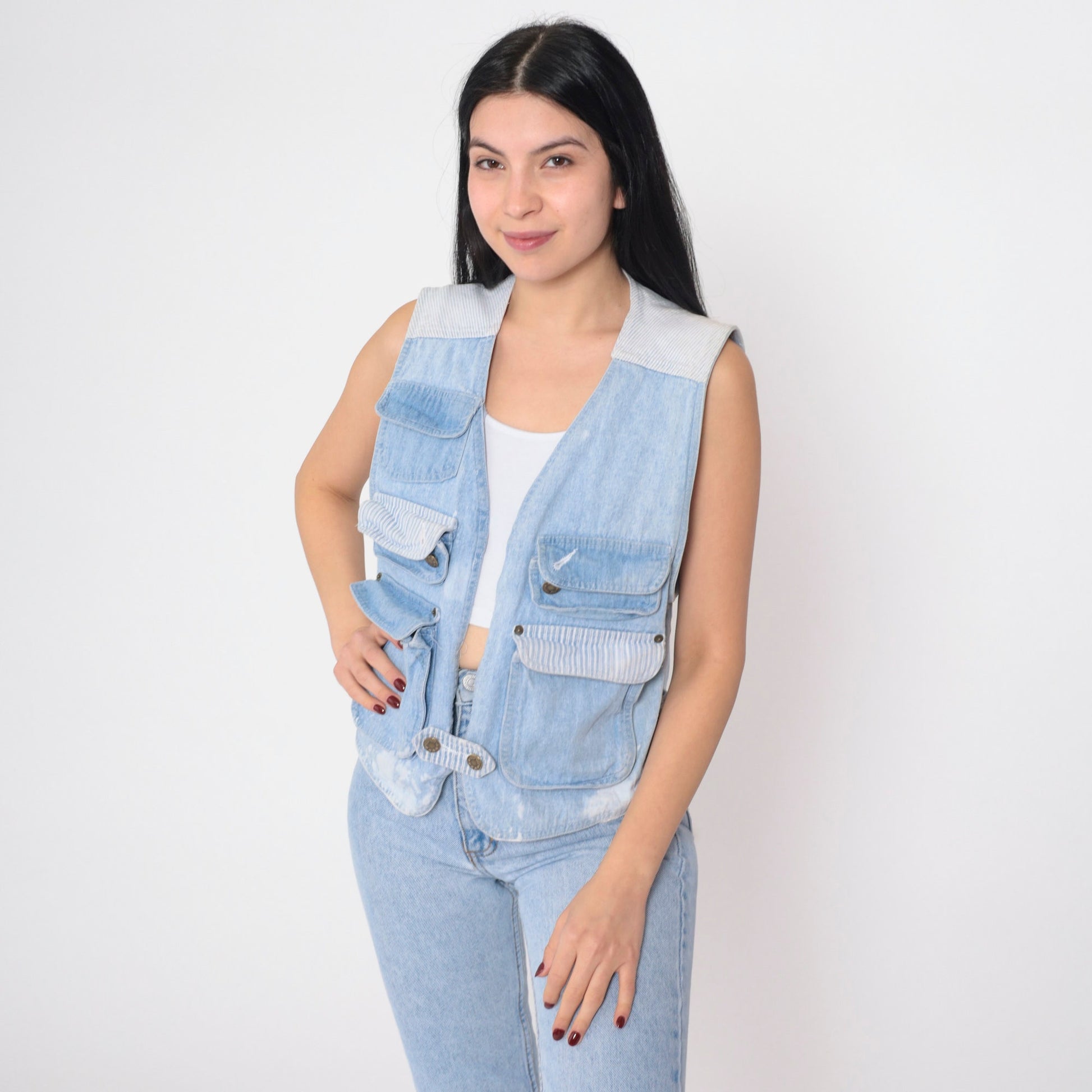 90s Blue Denim Cargo Vest Striped Button-Up Sleeveless Small S