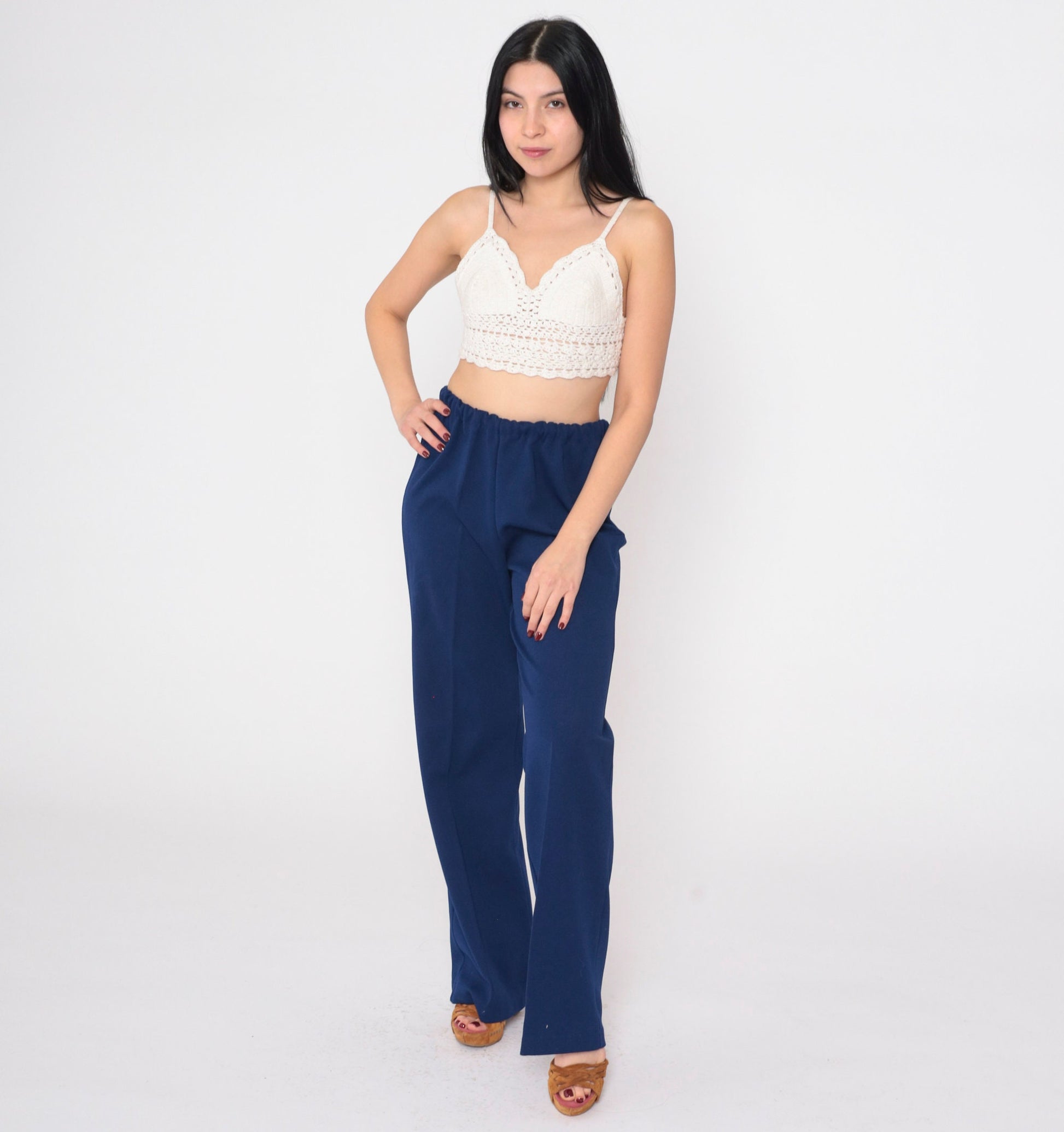 70s Navy High-Waisted Straight Leg Trousers Elastic Waist Small