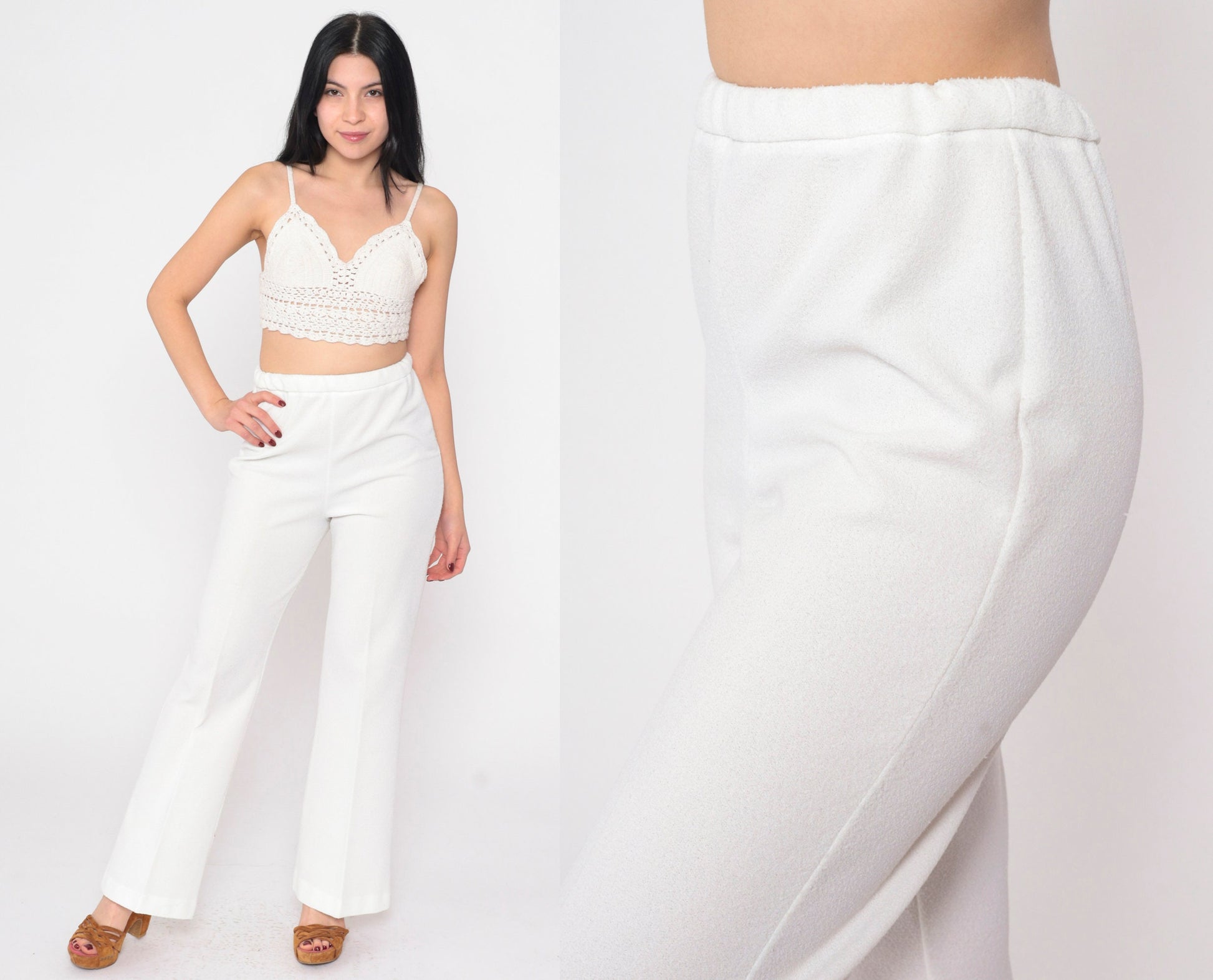 70s White High-Waist Straight Flared Trousers Elastic Waist Medium