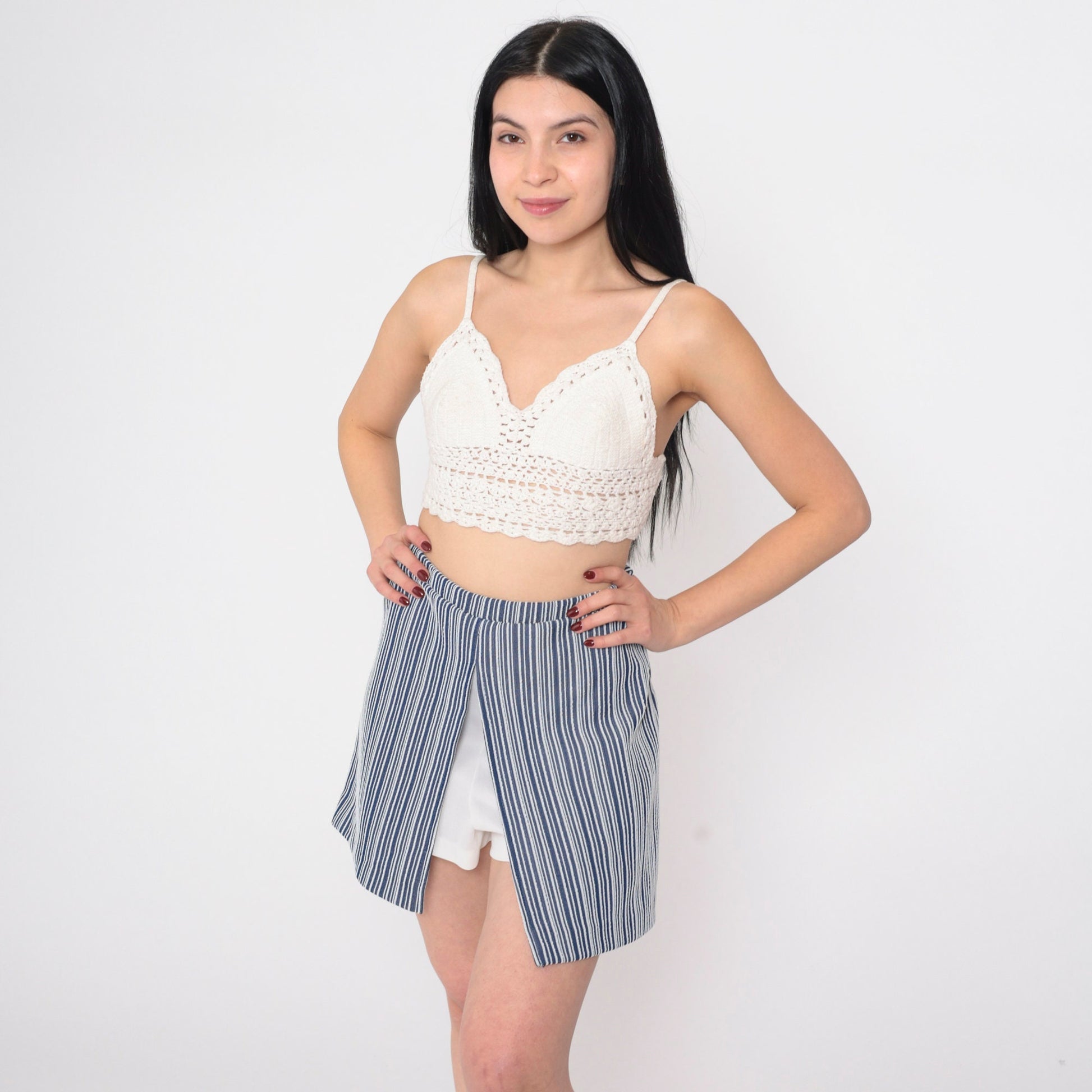 70s Blue White Striped Scooter Skort Mini High Waisted A-Line Medium M