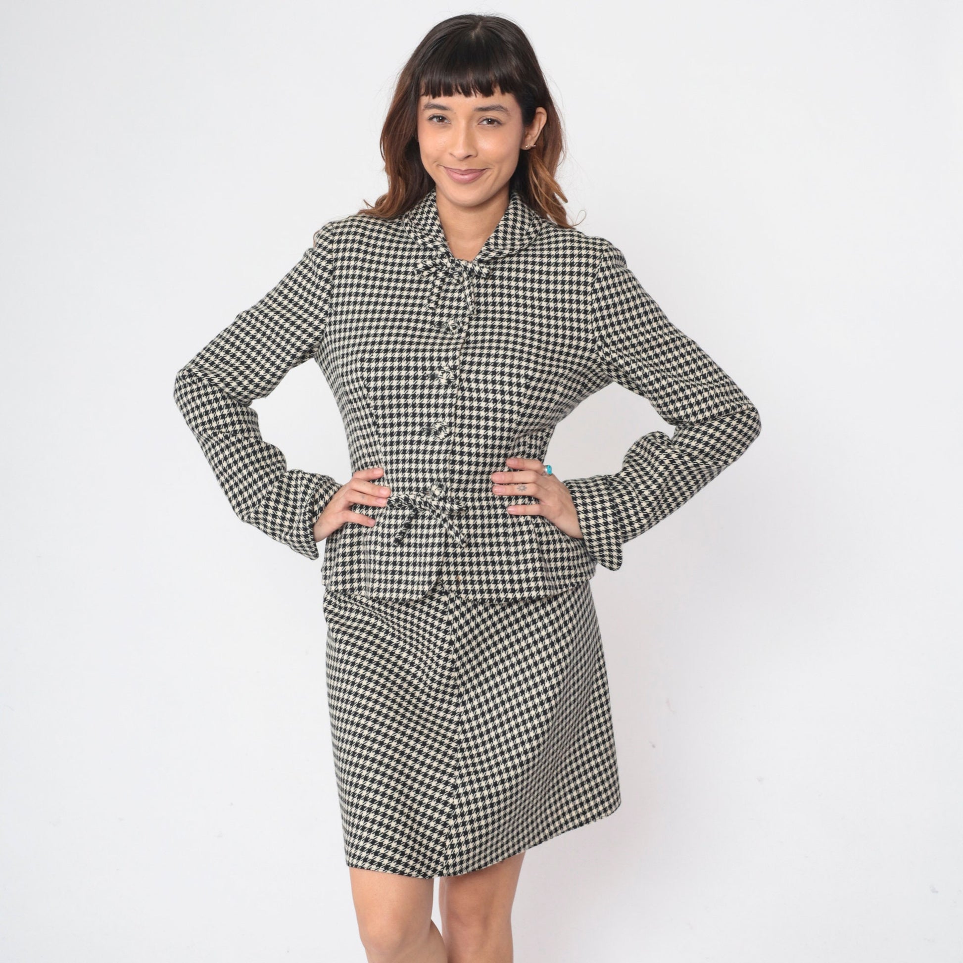 90s Jill Stuart Houndstooth Skirt Suit Jacket Mini A-Line Black White Medium