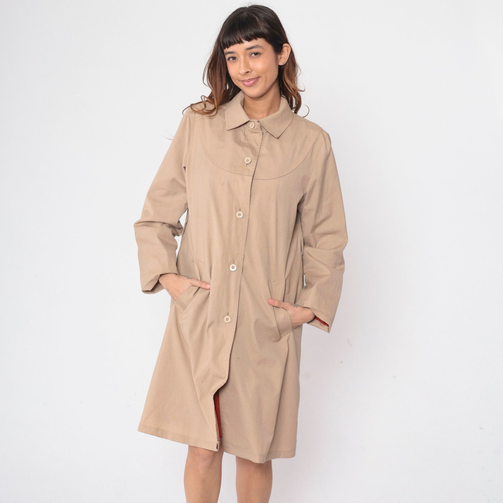 70s London Fog Trench Coat Khaki Button-Up Belted Midi Jacket Medium