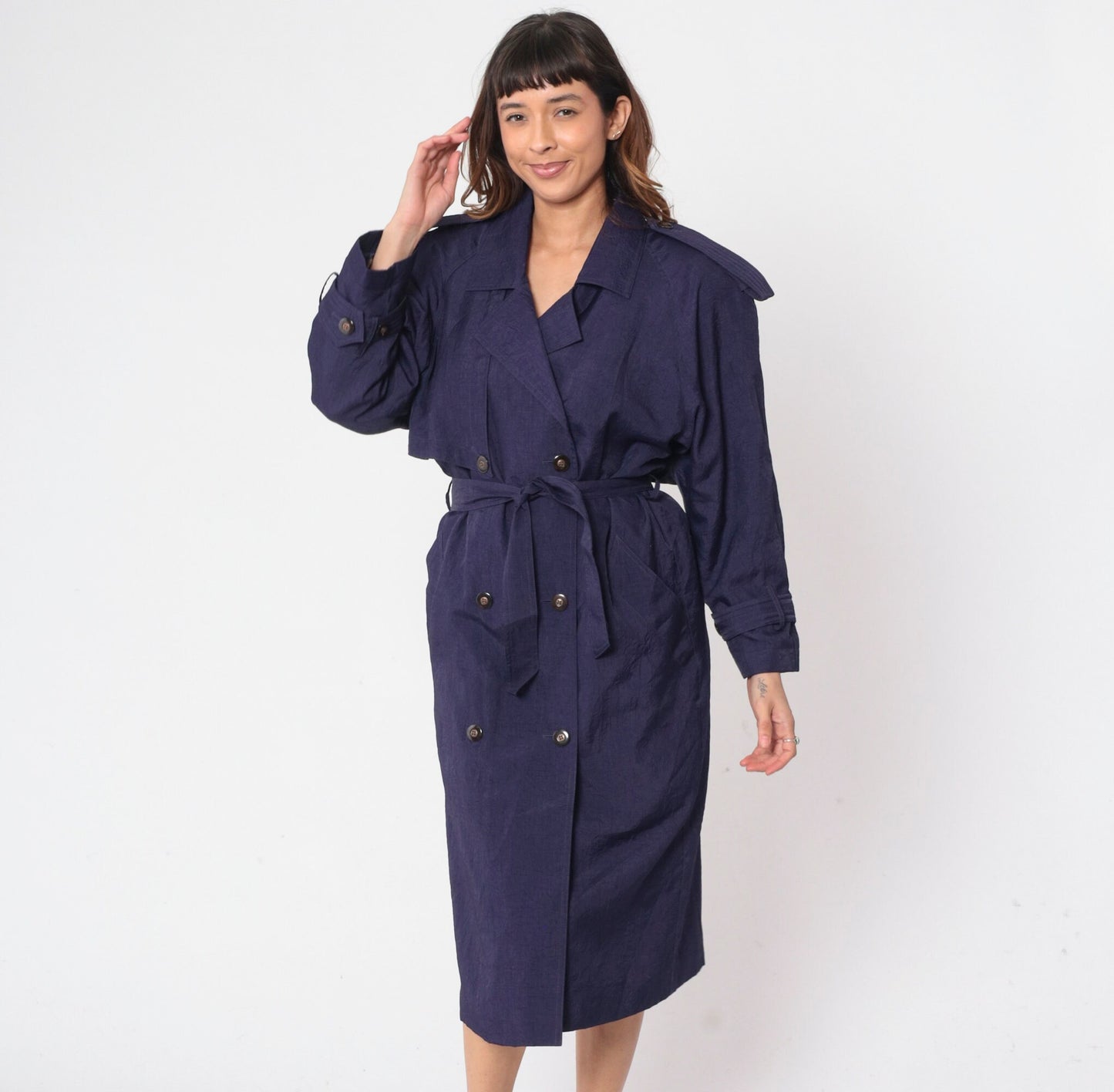 90s Purple Trench Coat Double Breasted Epaulette Belted Midi Jacket Medium