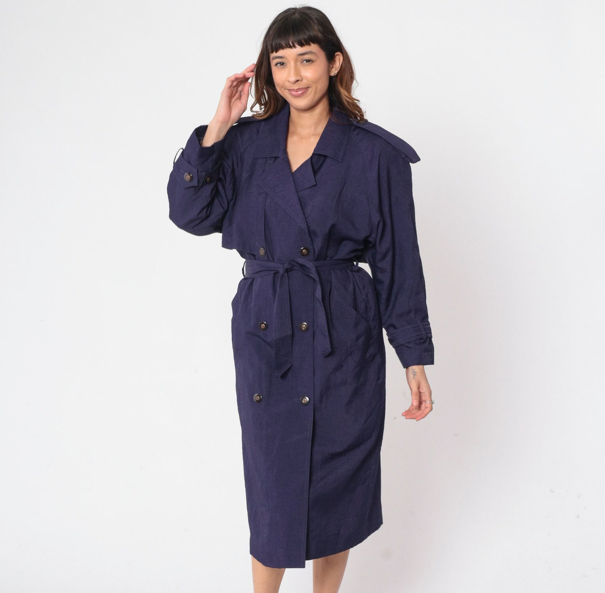90s Purple Trench Coat Double Breasted Epaulette Belted Midi Jacket Medium