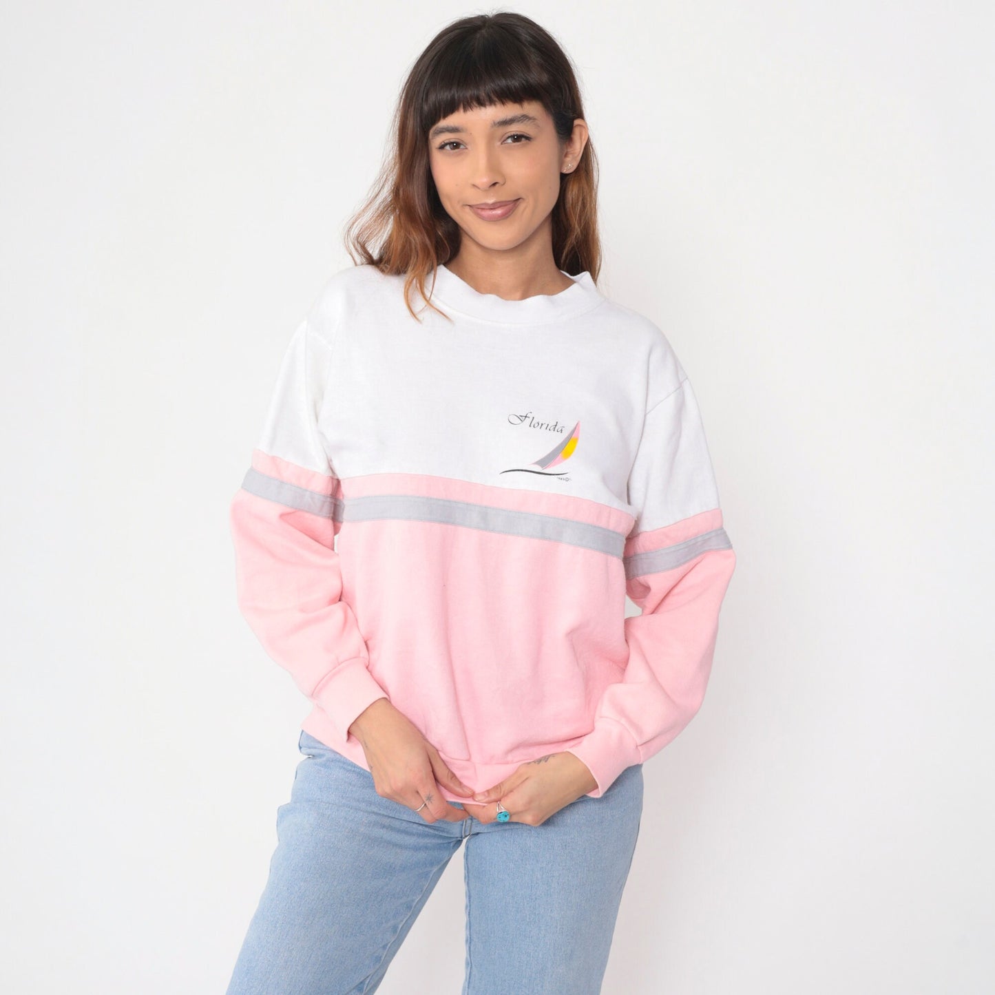 80s Florida Sailboat Sweatshirt Baby Pink White Color Block Crewneck Medium