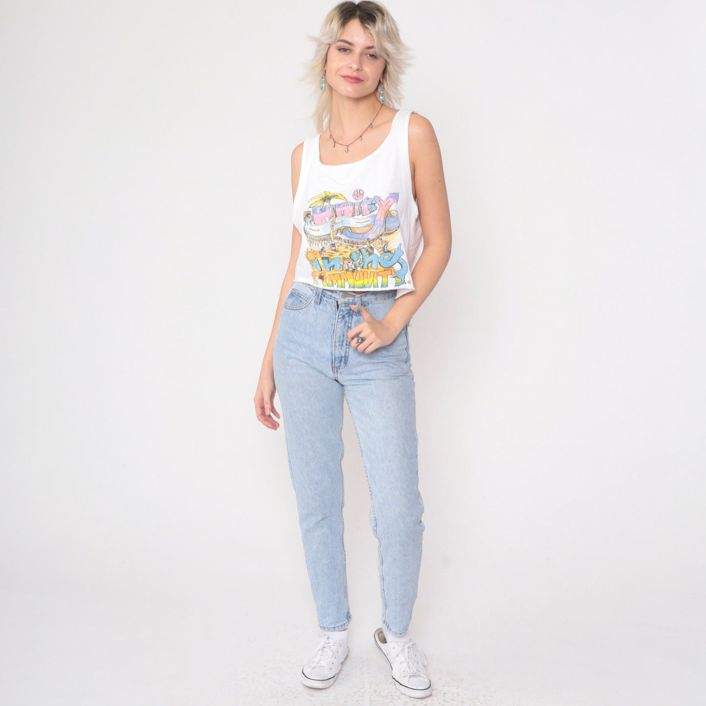 90s Unity In The Community Crop Tank Top White Graphic Tee Medium