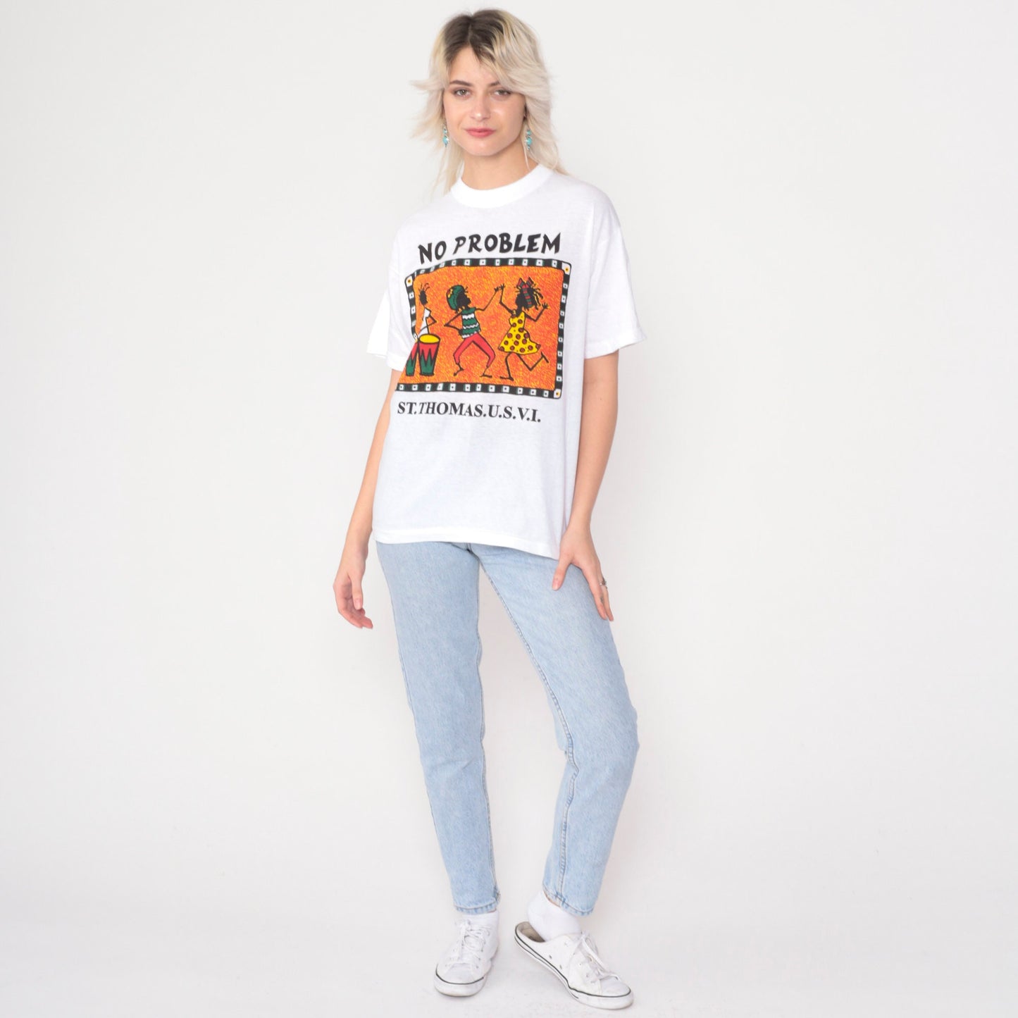90s St Thomas Virgin Islands No Problem Rasta Graphic Tee White Cotton Medium