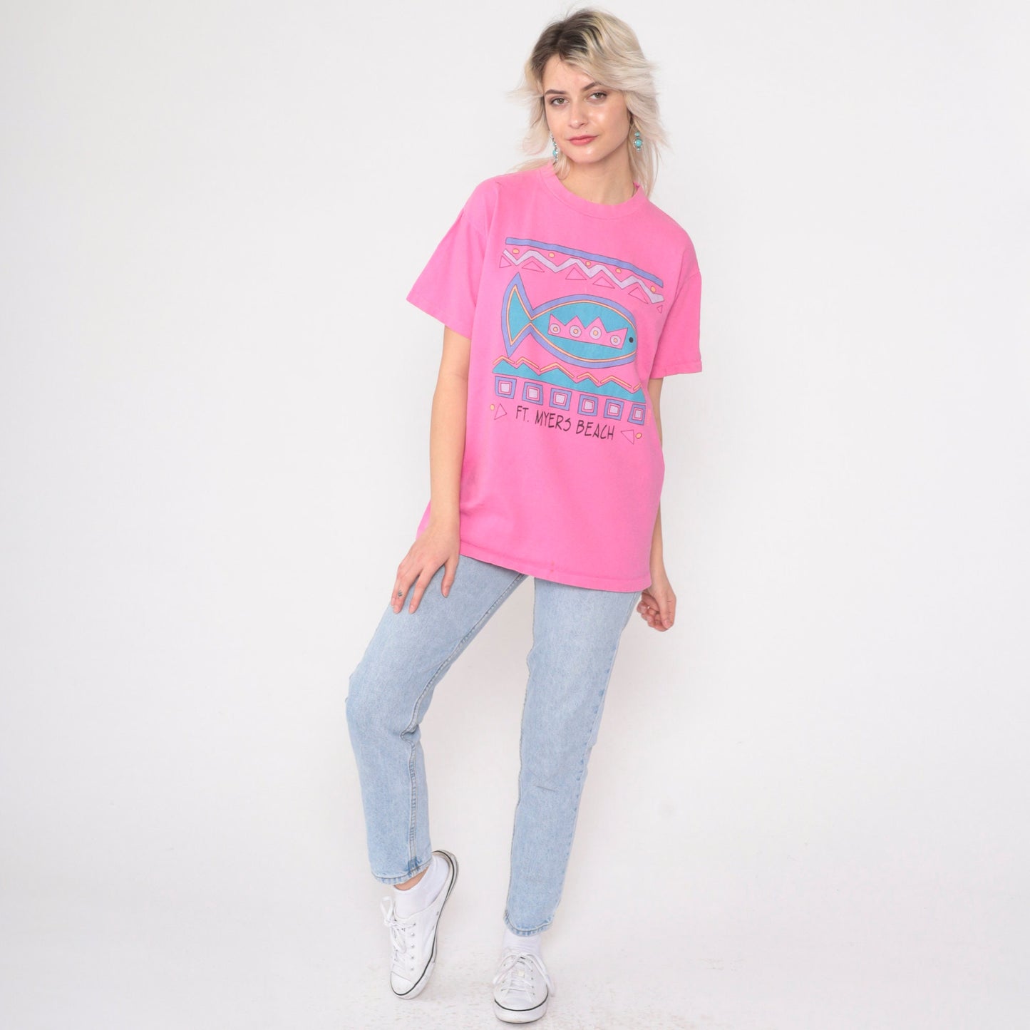 90s Fort Myers Beach Tropical Fish Graphic Tee Hot Pink Cotton Medium