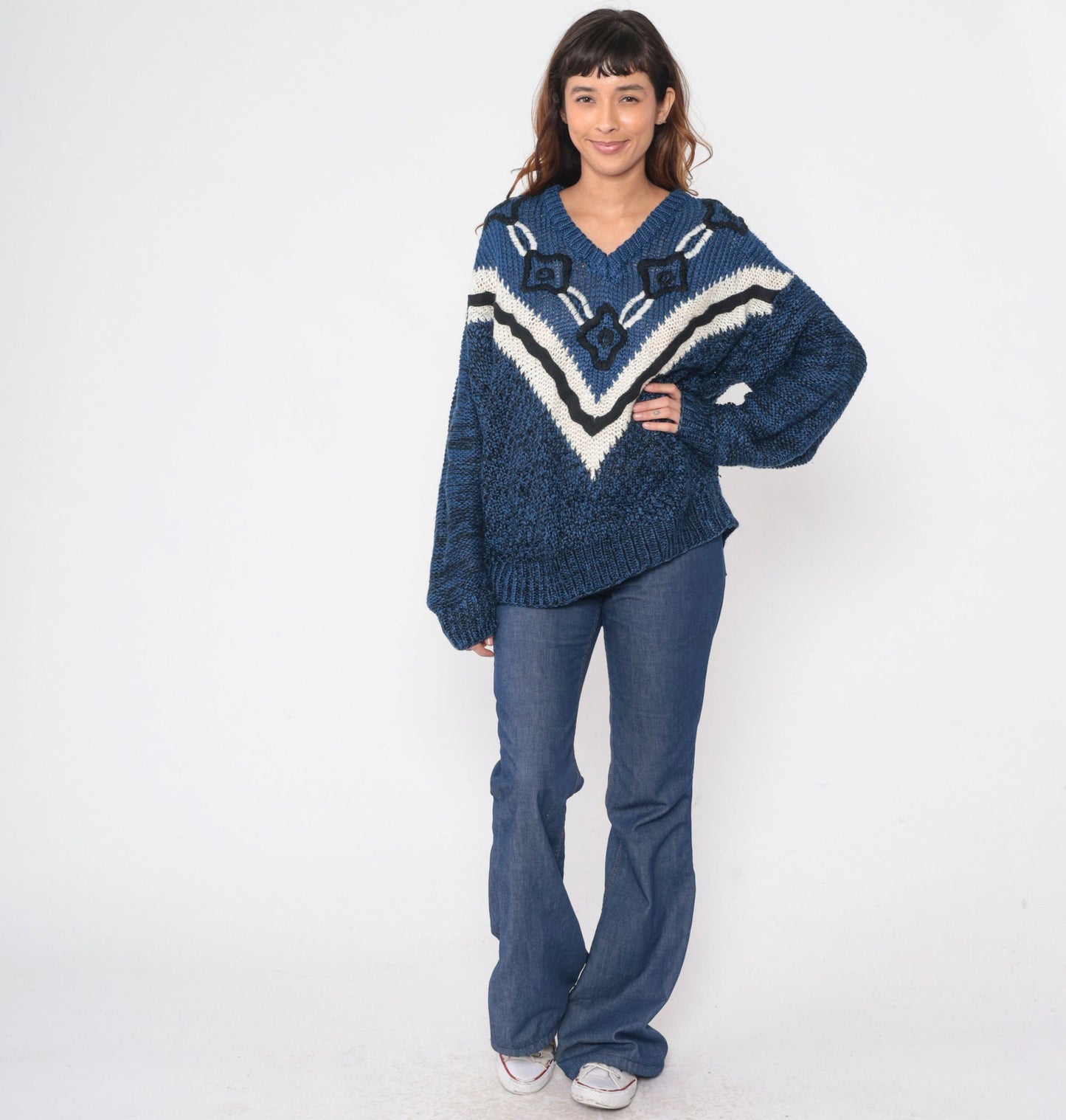 90s Embroidered Floral Knit Sweater Blue Black Chevron Stripe Extra Large