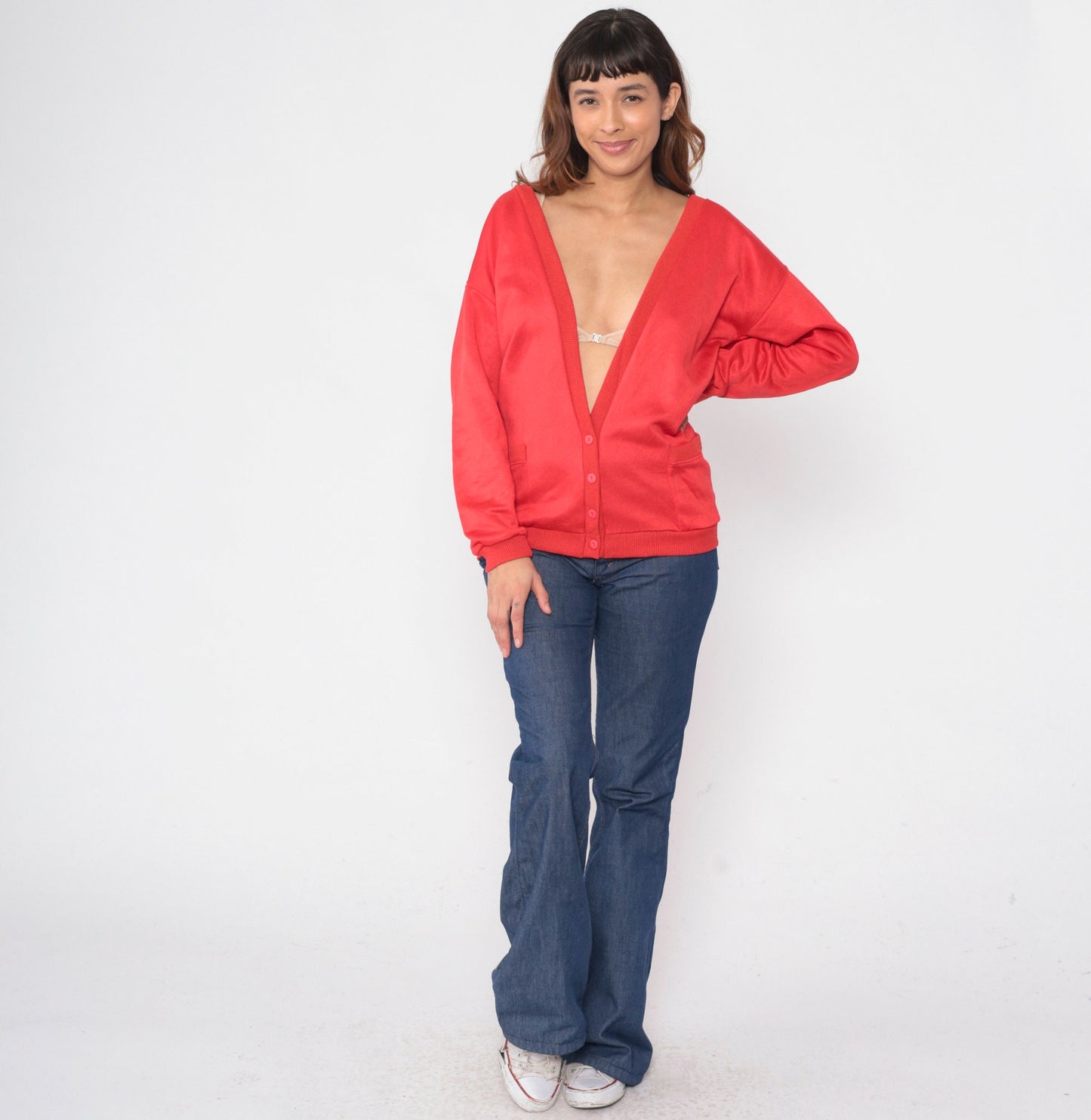 90s Red Cardigan Sweater Button Up Deep V Neck Pockets Medium Large