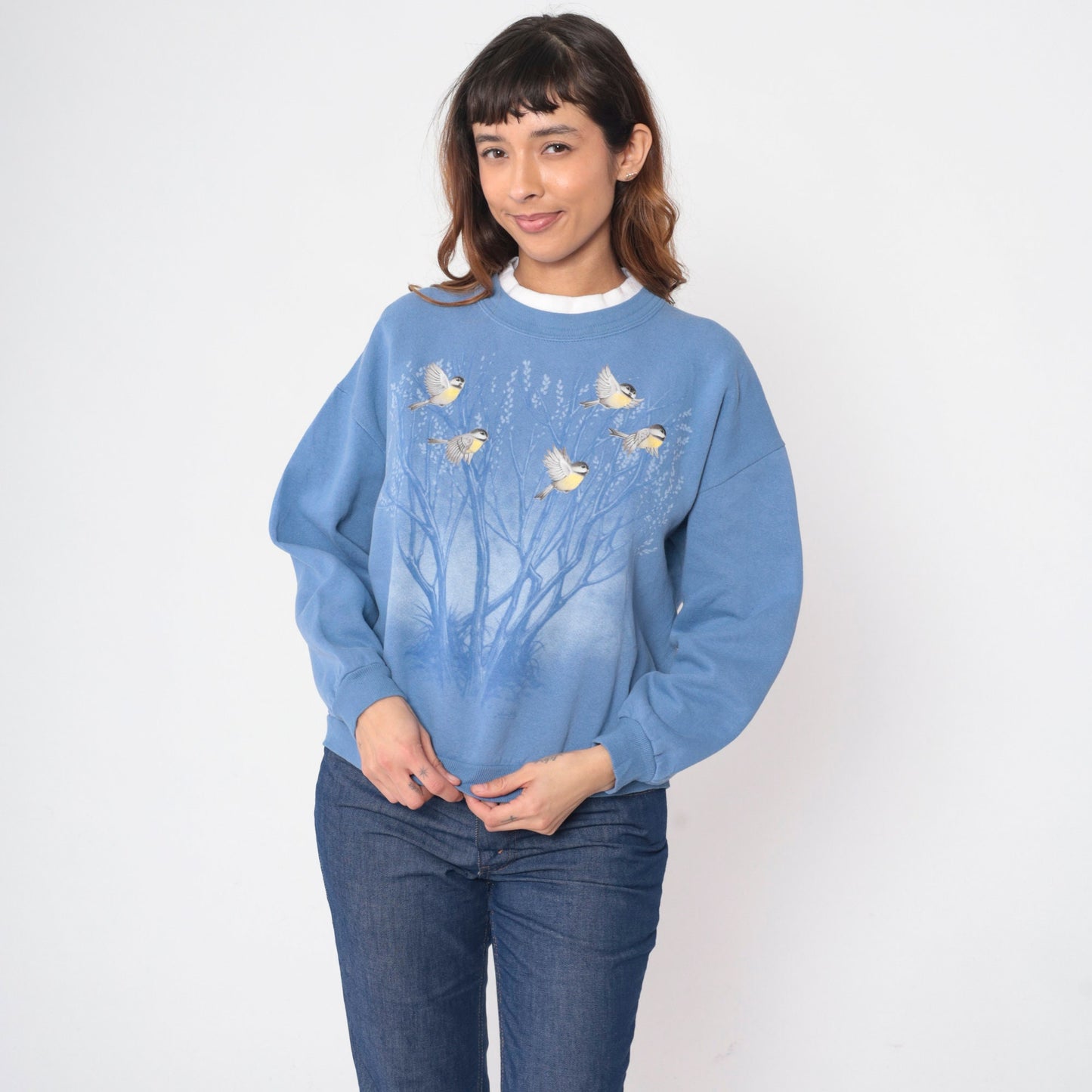 90s Morning Sun Bird Sweatshirt Blue Floral Tree Graphic Crewneck Petite Medium