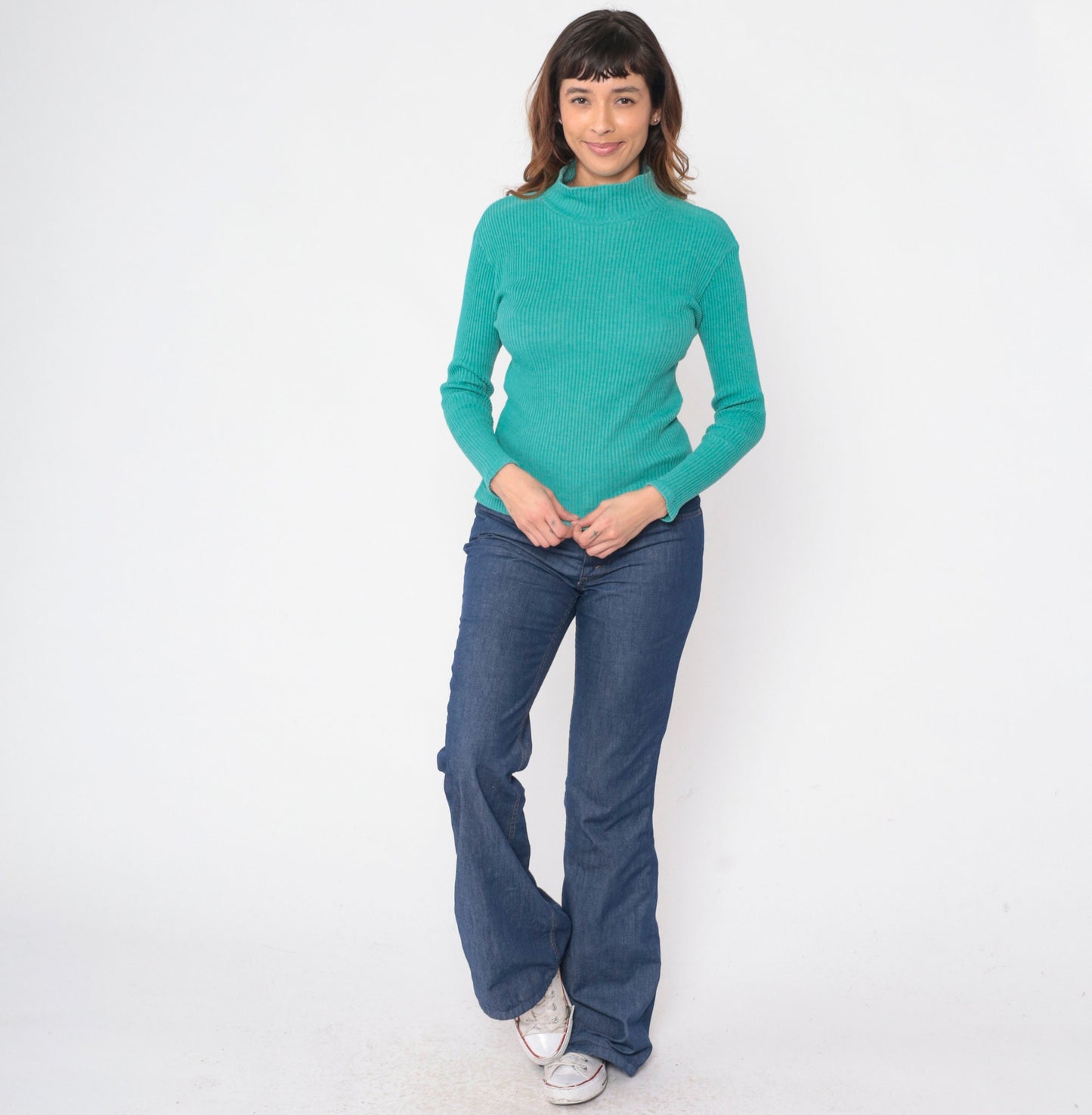 90s Turquoise Ribbed Turtleneck Long Sleeve Knit Top Medium
