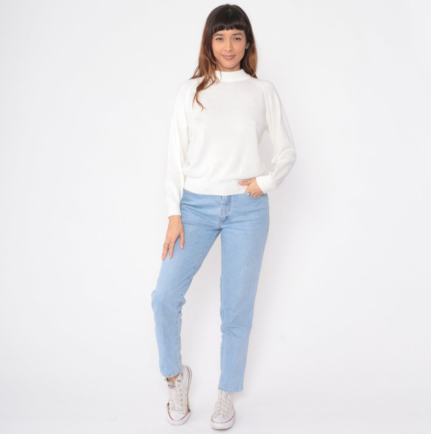 70s White Knit Sweater Mock Neck Raglan Pullover Small
