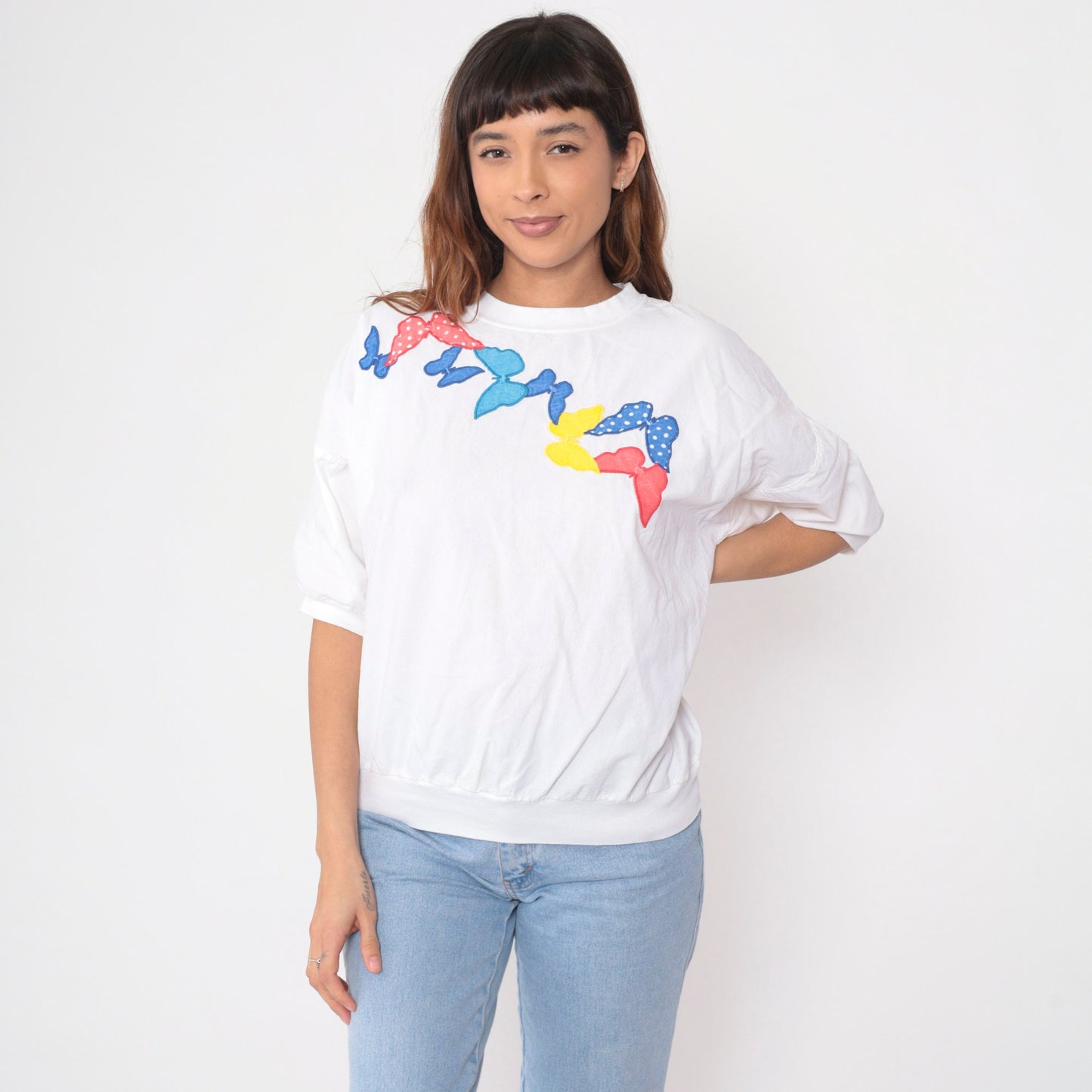90s Butterfly Applique White Cotton T-Shirt Short Sleeve Banded Hem Large L