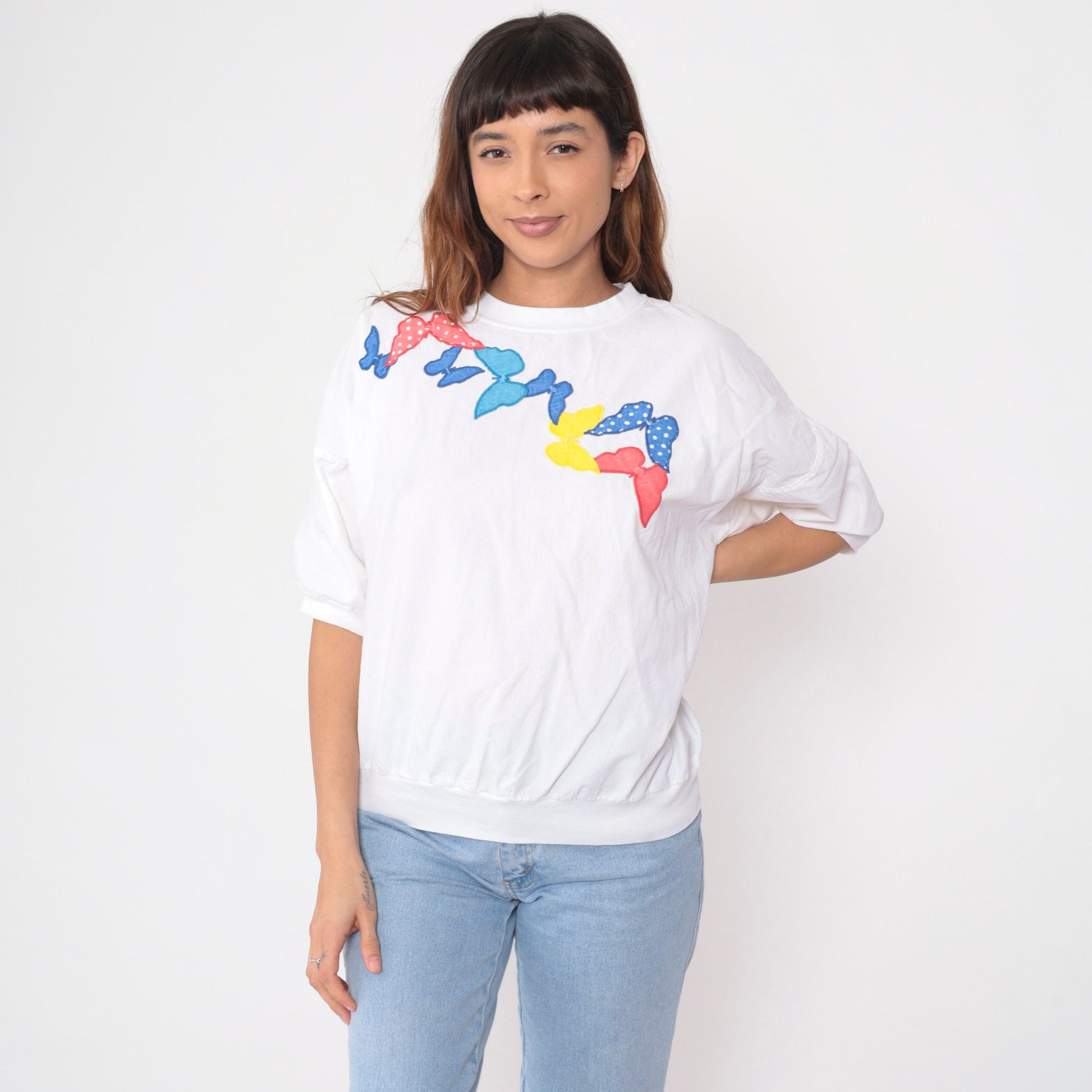 90s Butterfly Applique White Cotton T-Shirt Short Sleeve Banded Hem Large L