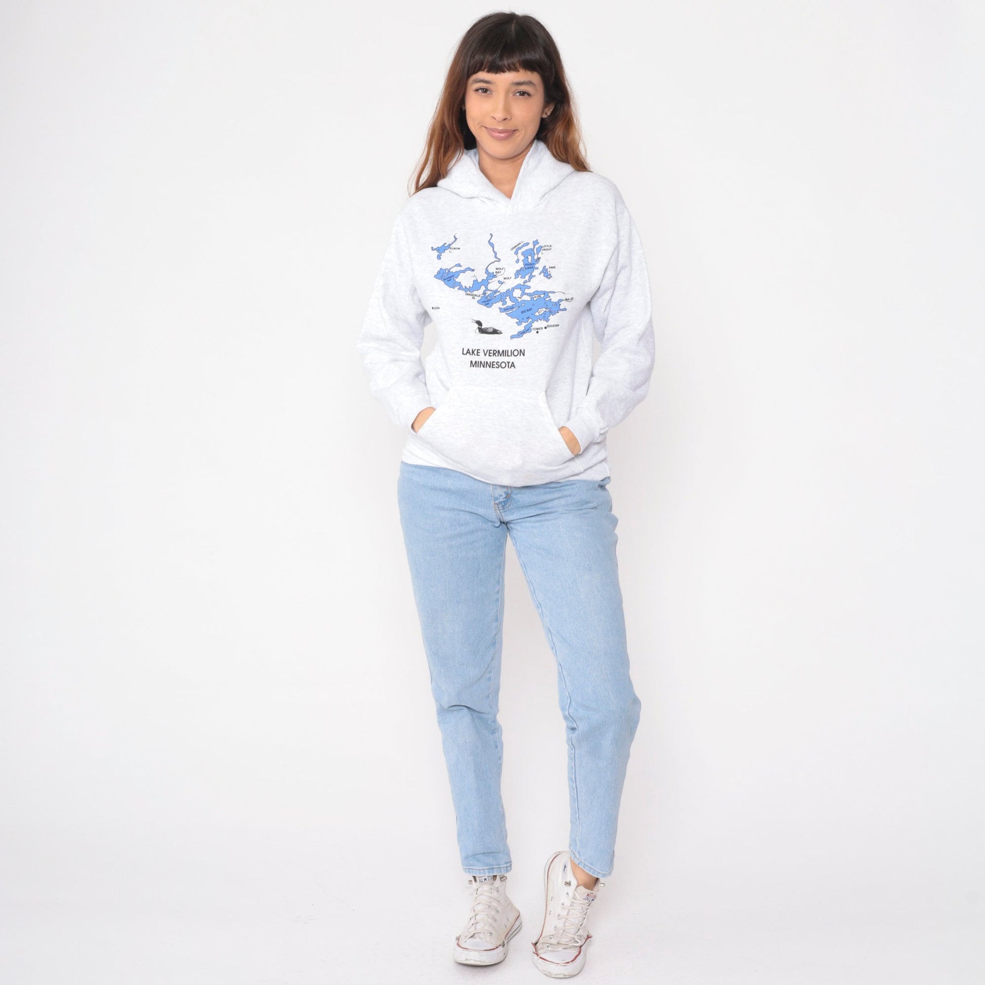 Y2K Lake Vermilion Minnesota Loon Hoodie Heather Grey Extra Small