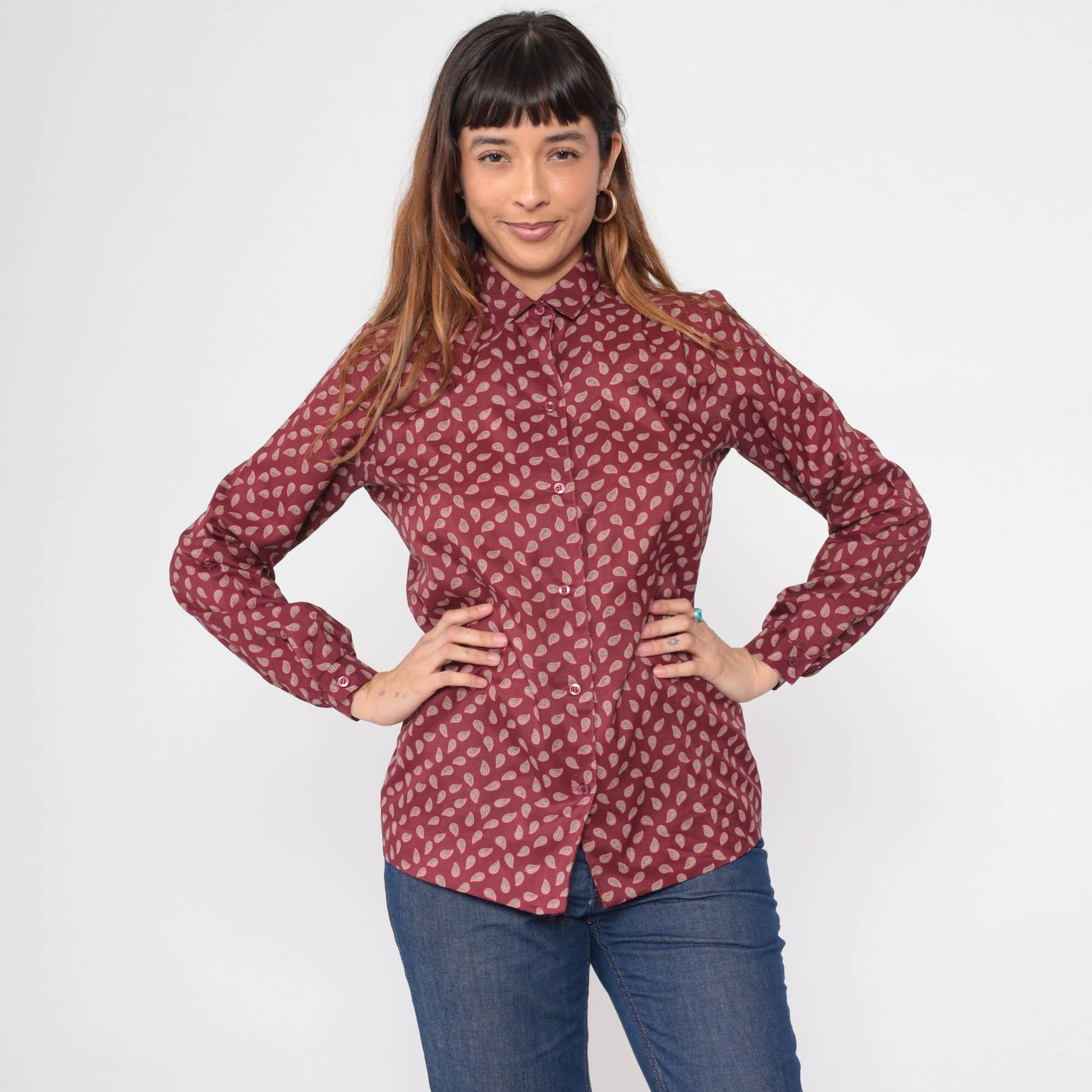 80s Burgundy Paisley Button-Up Blouse Long Sleeve Collar Medium
