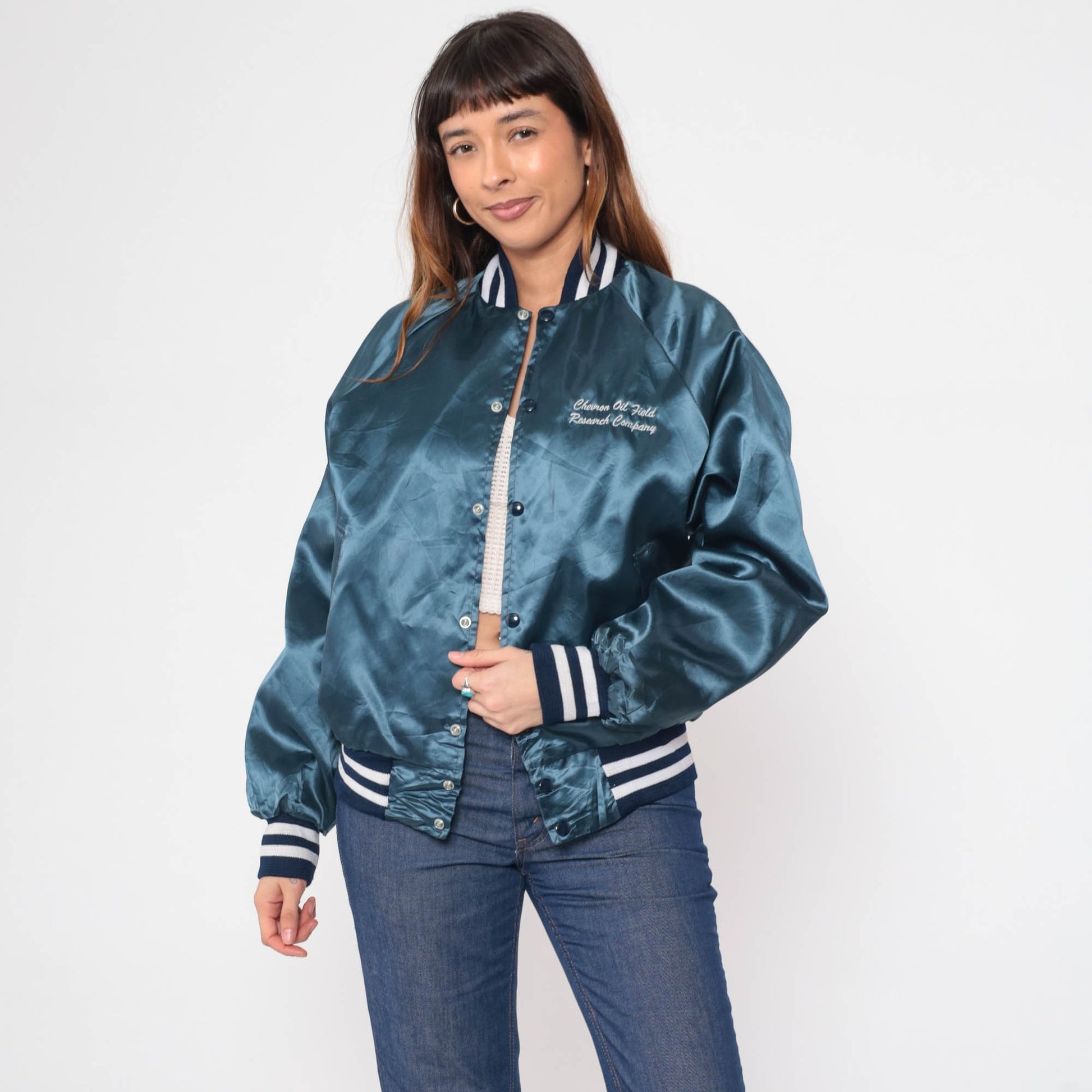 80s Chevron Oil Field Research Satin Bomber Jacket Blue Medium
