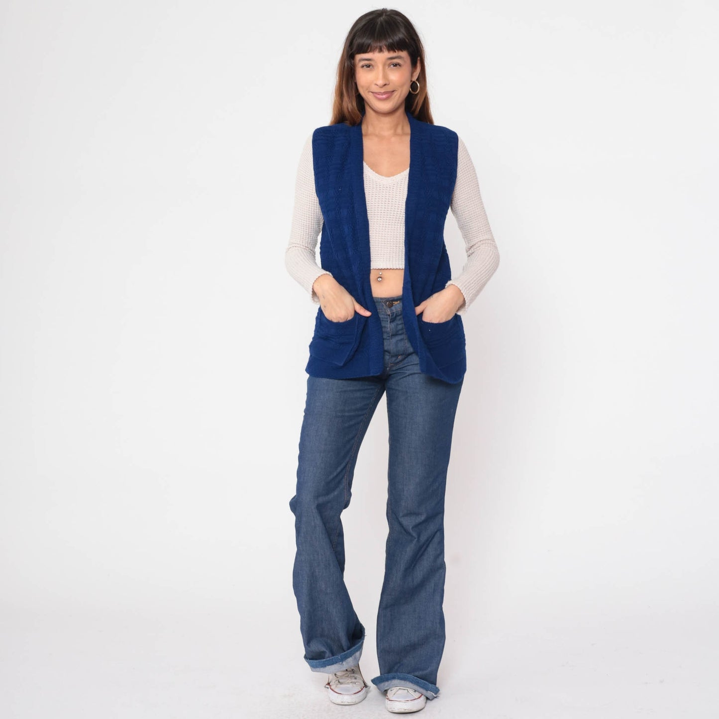 70s Knit Vest Navy Textured Checkered Open Front Sleeveless Top Small