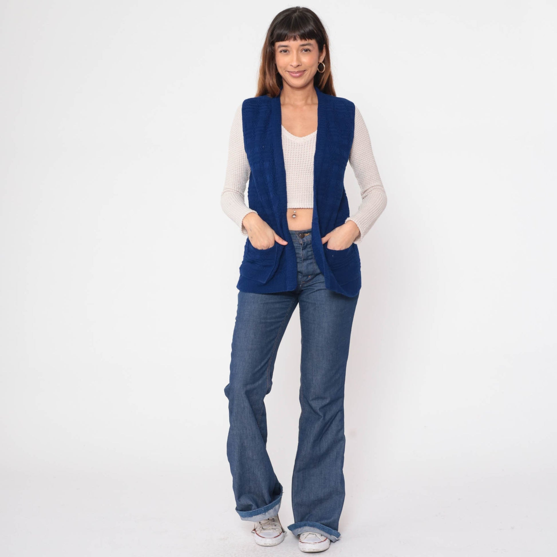 70s Knit Vest Navy Textured Checkered Open Front Sleeveless Top Small