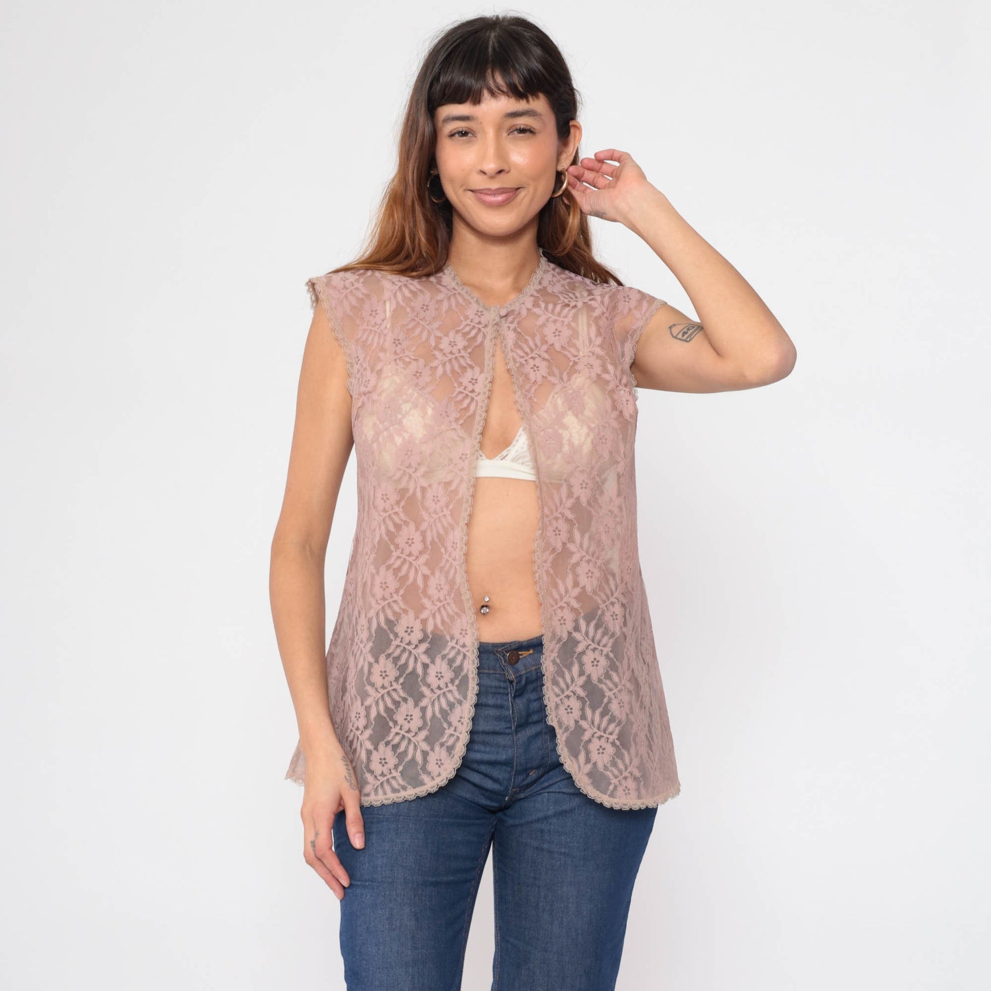 70s Mauve Lace Jacket Cap Sleeve Open Front Blouse Small S