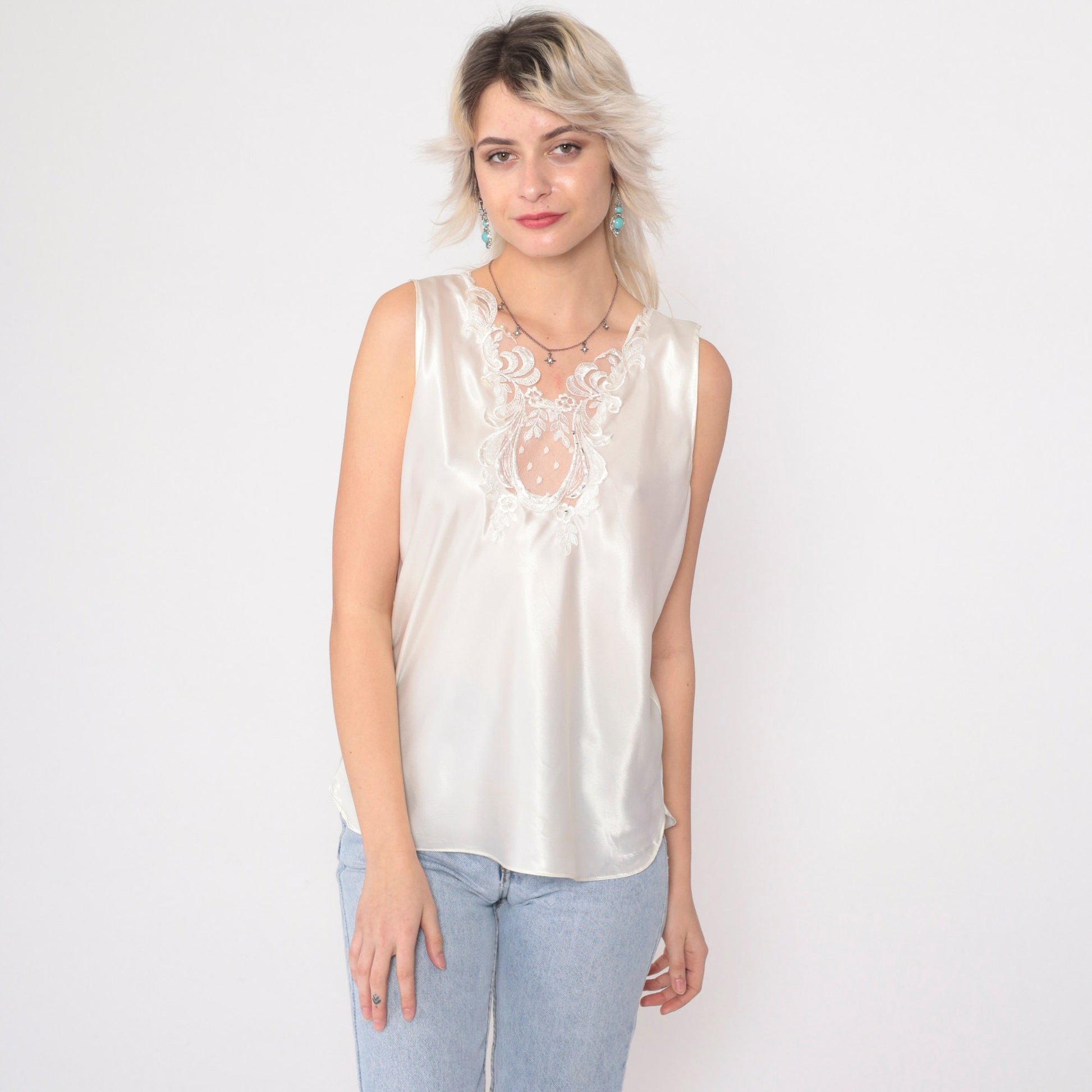 80s White Satin Camisole Tank Top Pearl Beaded Lace Trim Medium