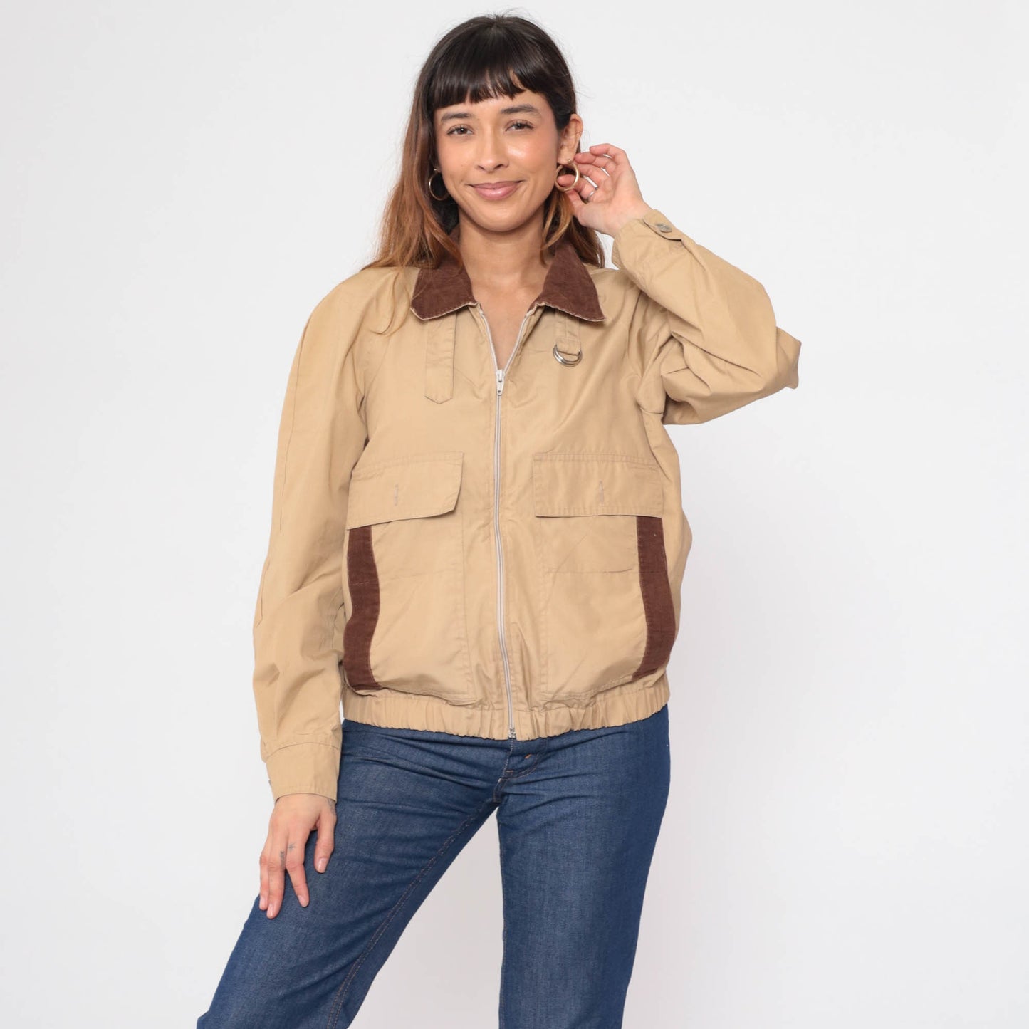 80s Tan Windbreaker Jacket Corduroy Collar Utility Pockets Zip Medium