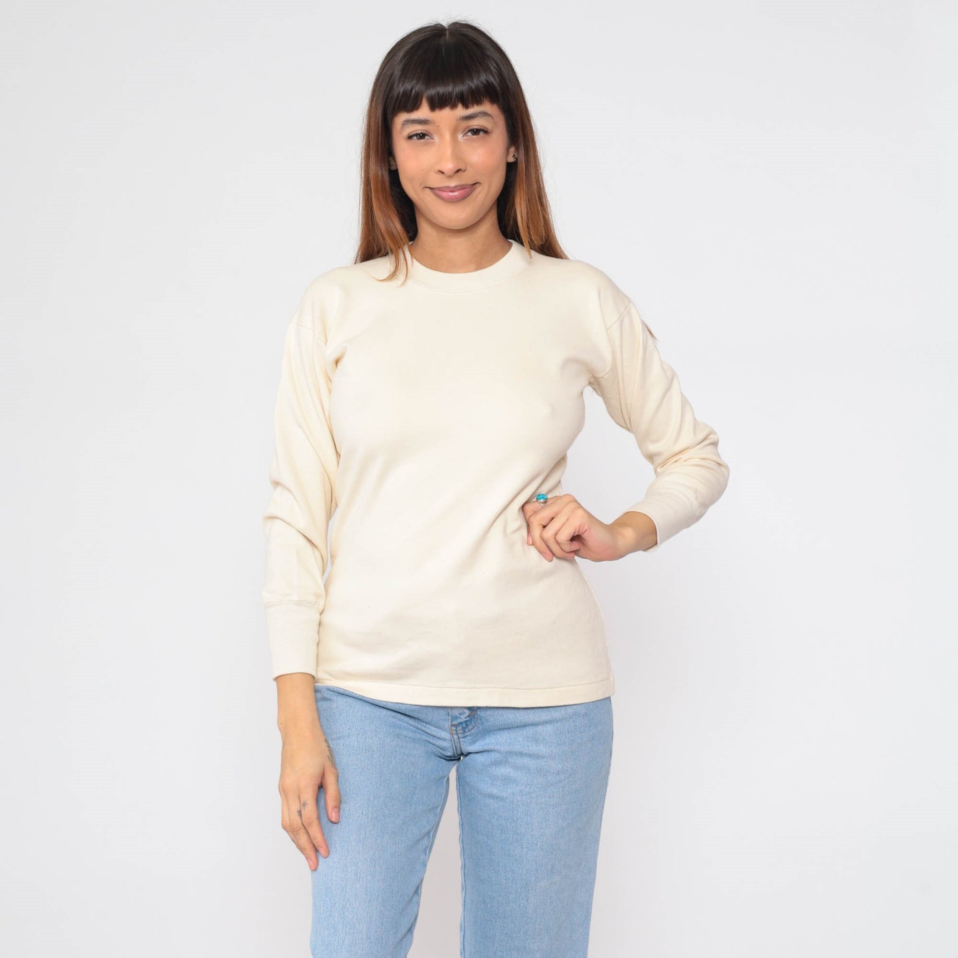 80s Cream Long Sleeve Crewneck T-Shirt Plain Layering Tee Small