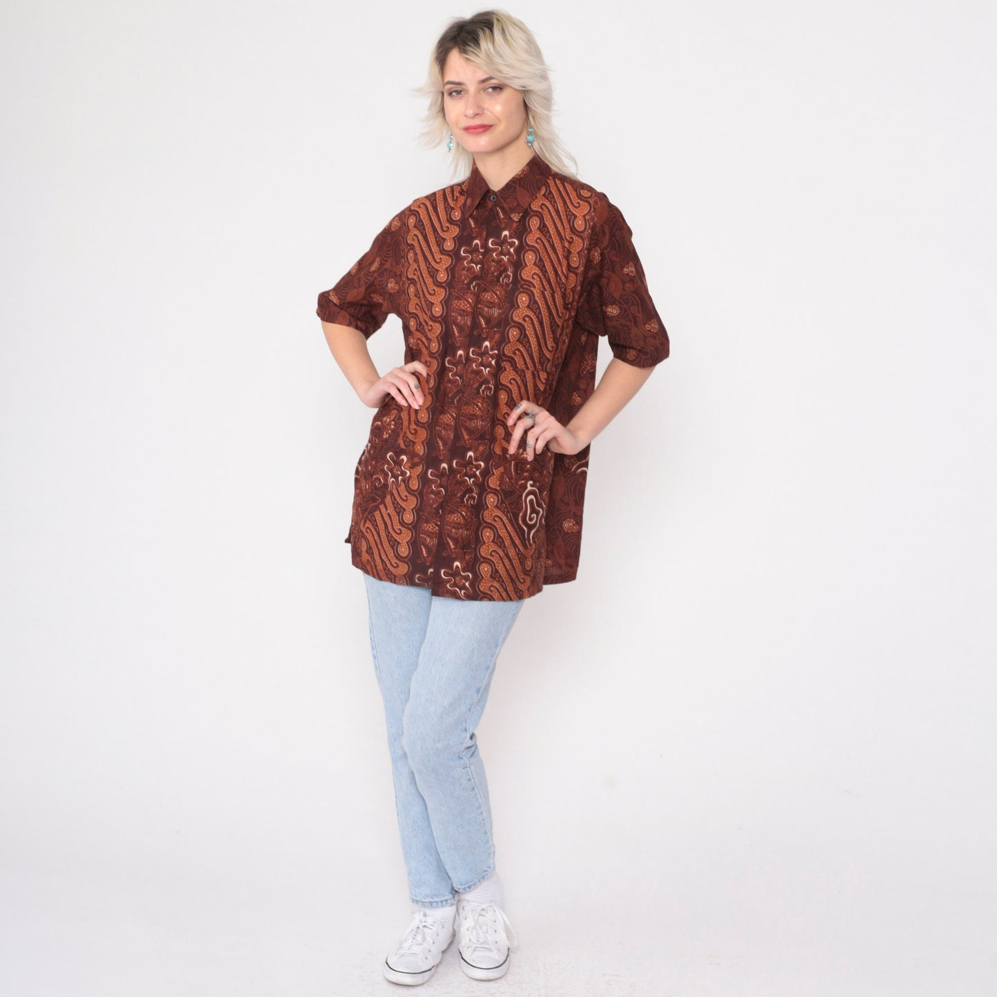 90s Batik Abstract Floral Button Up Shirt Brown Large