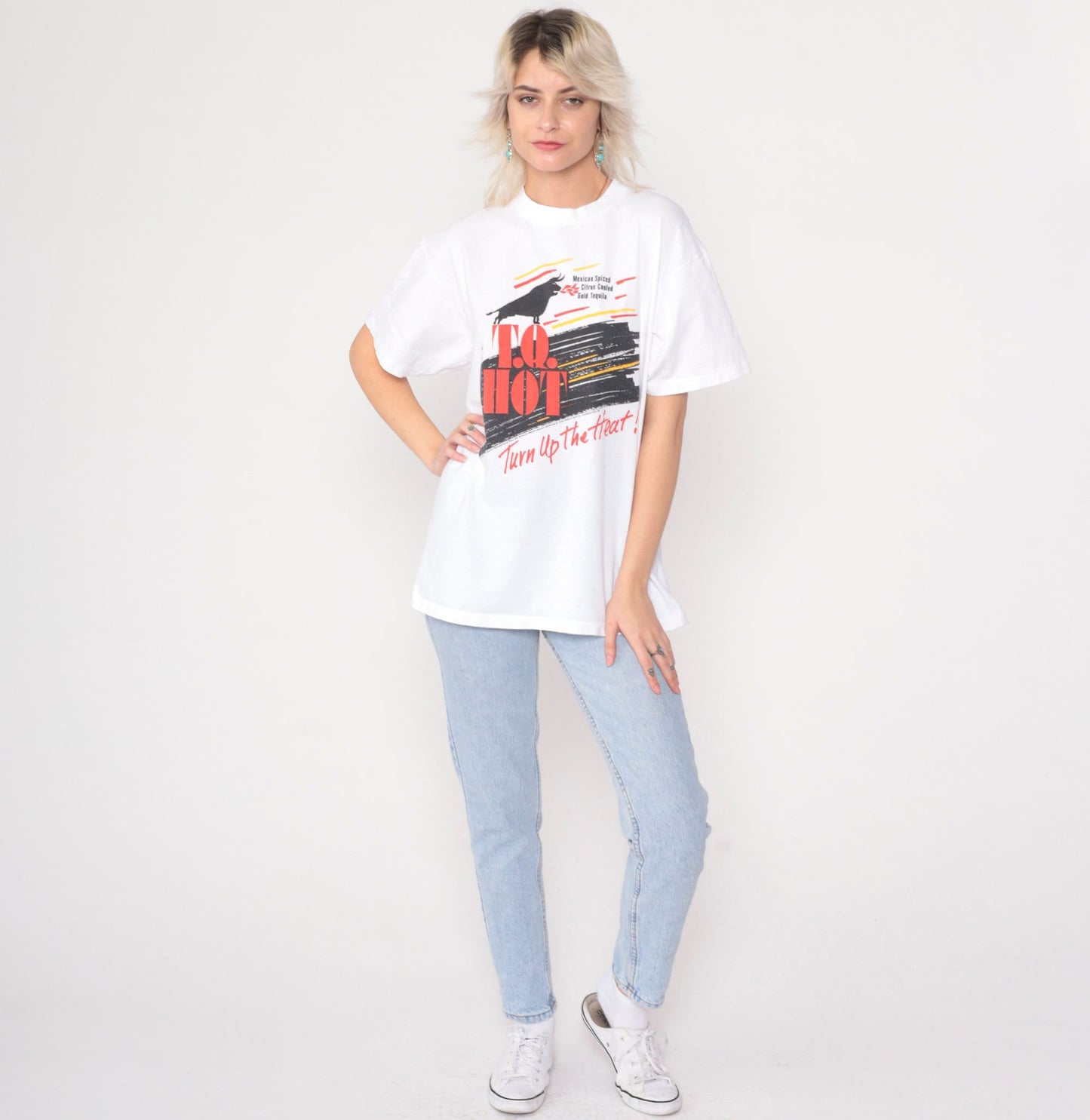 90s TQ Hot Tequila Gold Graphic T-Shirt Single Stitch White Large