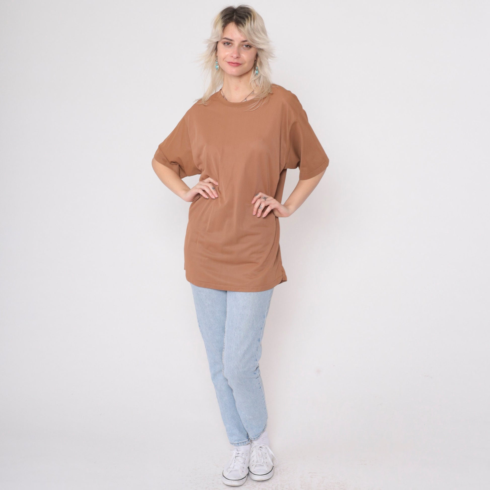 80s Light Brown Nylon Crewneck Blouse Short Sleeve Medium Large
