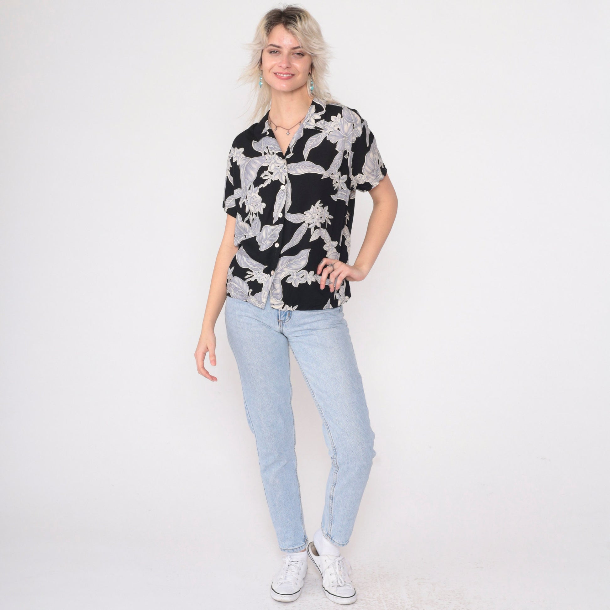 90s Nani Hawaii Tropical Floral Button Up Blouse Black Viscose Large