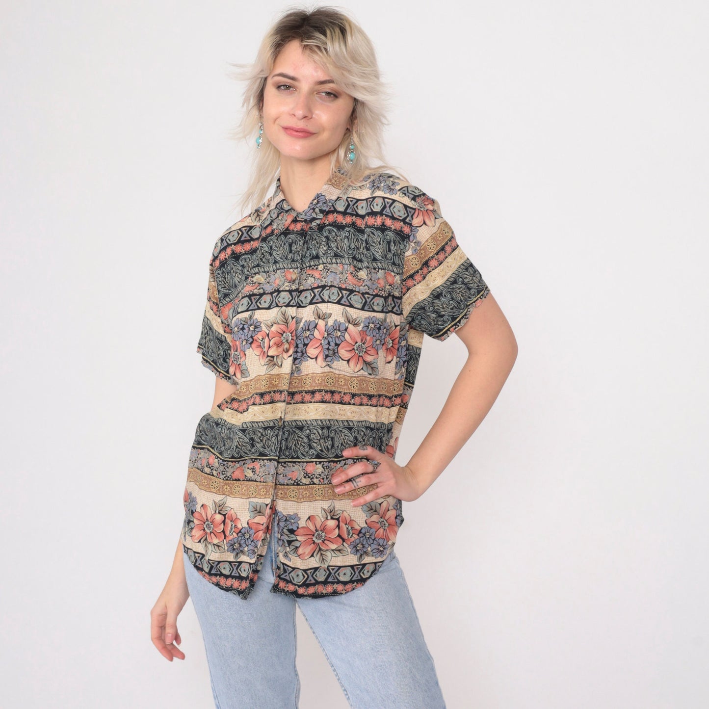 90s O.P.S New York Striped Floral Button-Up Blouse Navy Pink Cream Medium