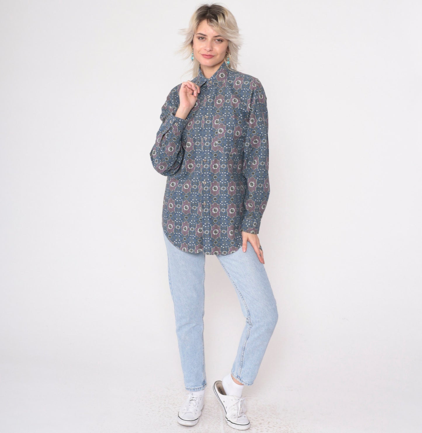 90s Red Eye by Marc Daniels Geometric Medallion Floral Button Up Shirt Small