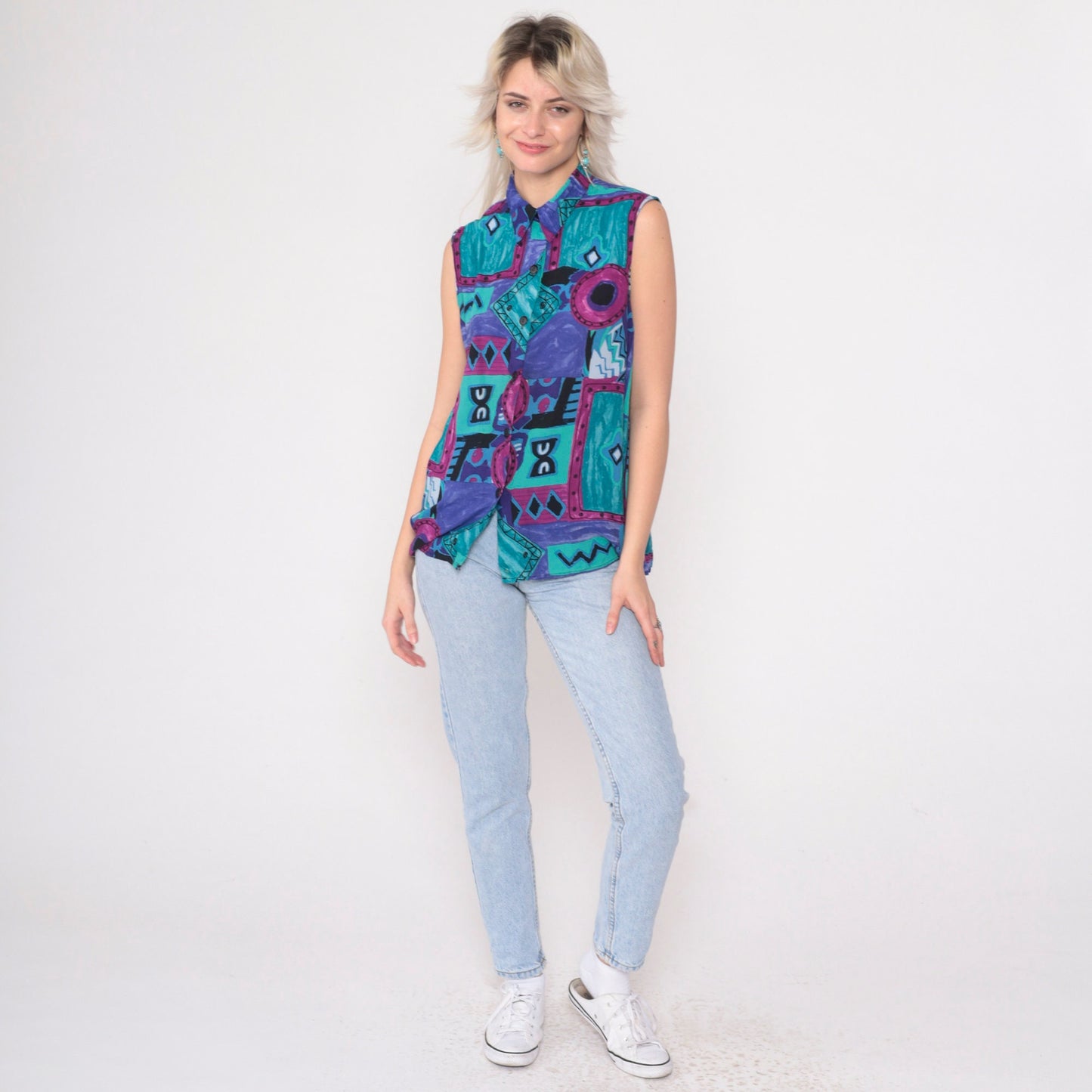 90s Geometric Patchwork Button-Up Tank Top Rayon Purple Blue Small