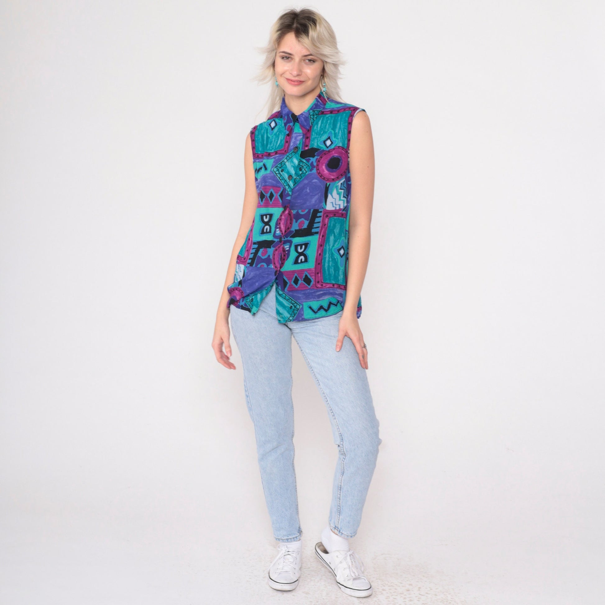 90s Geometric Patchwork Button-Up Tank Top Rayon Purple Blue Small