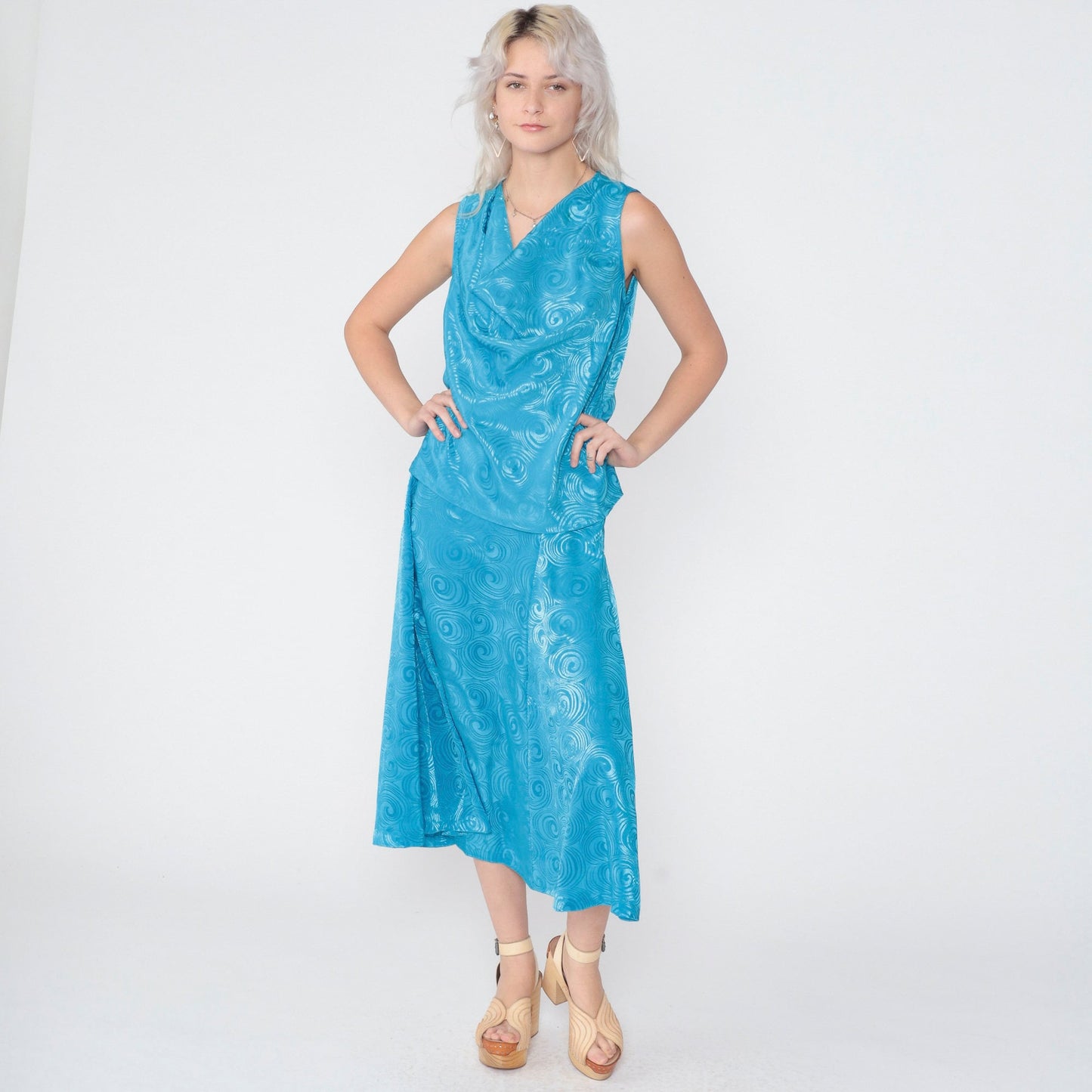 80s Oui Petites Two Piece Set Blue Swirl Cowl Neck Tank Midi Skirt XS