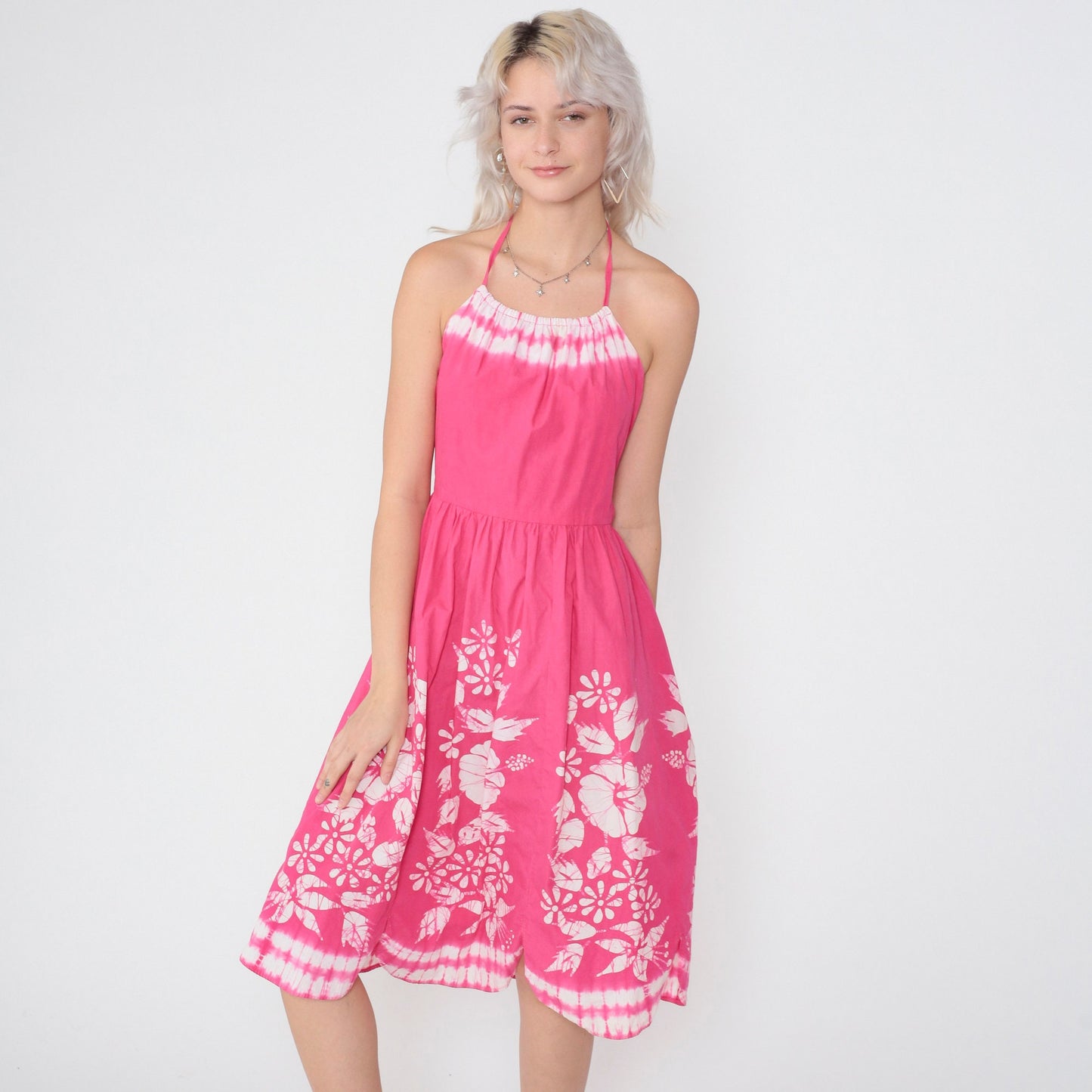 1950s Pink Floral Tie Dye Halter Sundress Open Back Midi Cotton Small