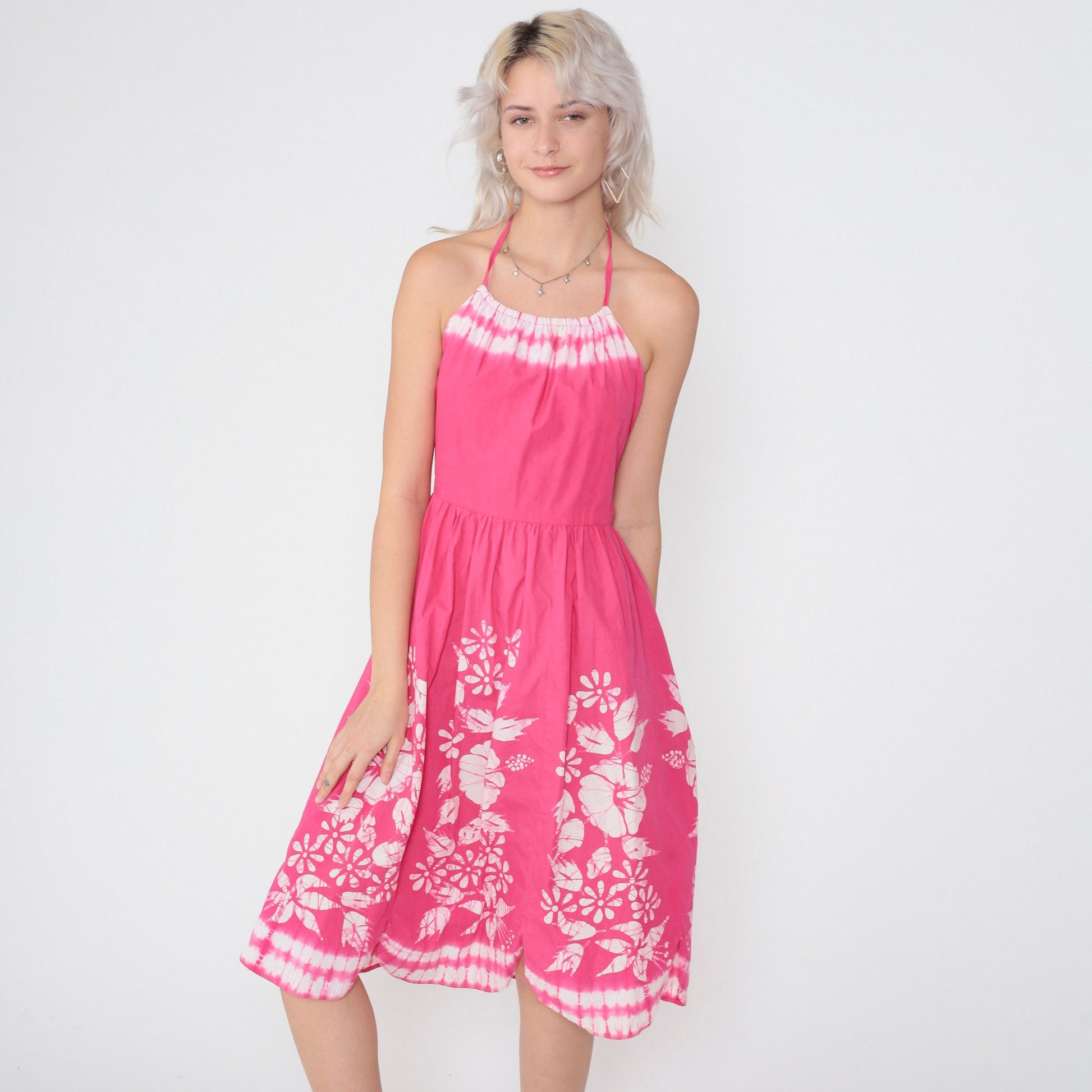1950s Pink Floral Tie Dye Halter Sundress Open Back Midi Cotton Small