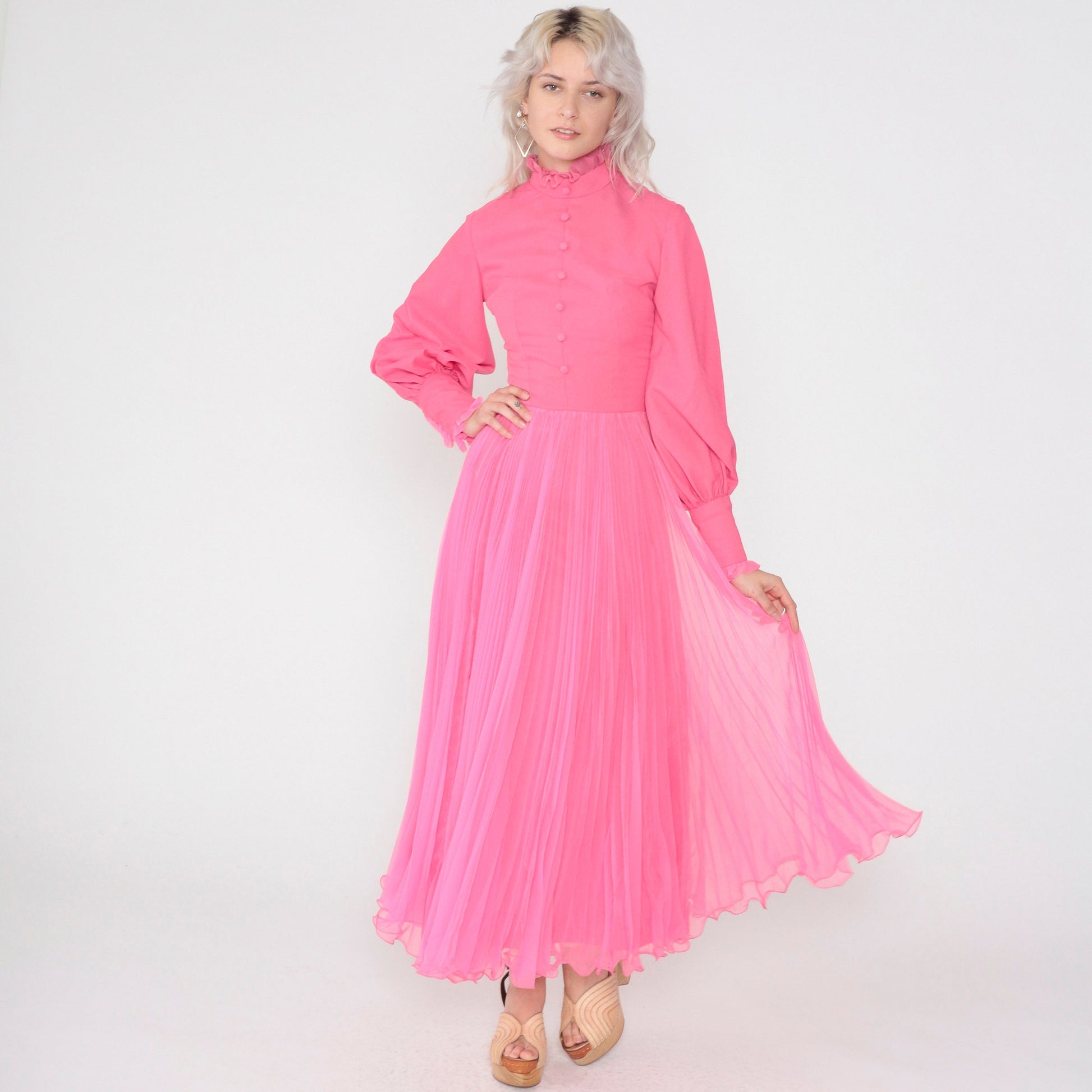 70s Hot Pink Maxi Dress Balloon Sleeve High Neck Ruffled Chiffon Extra Small