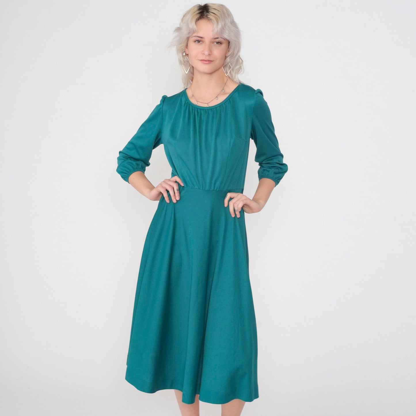 70s Teal Green Midi Dress High Waisted Puff Sleeve Pleated Medium